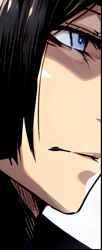 a close up of a anime of a boy from side view, black hair, color manga, manga color, color manga, color manga panel, simple background, a white background