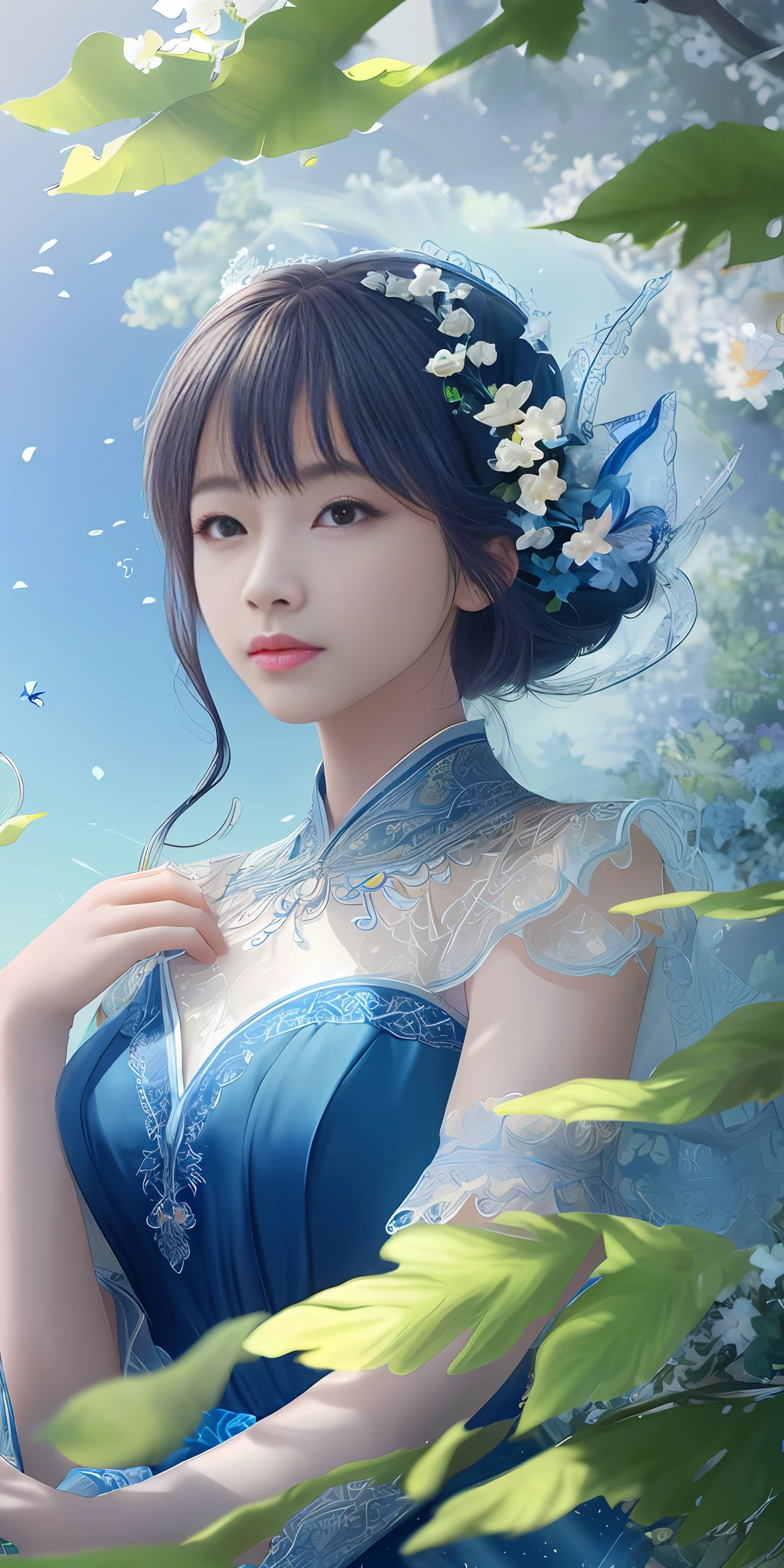 Masterpiece, best quality, (very detailed CG unity 8k wallpaper) (best quality), (best illustration), (best shadows) Nature', blue sea,delicate leaves petals of various colors falling in the air light Tracking, super detailed --v6