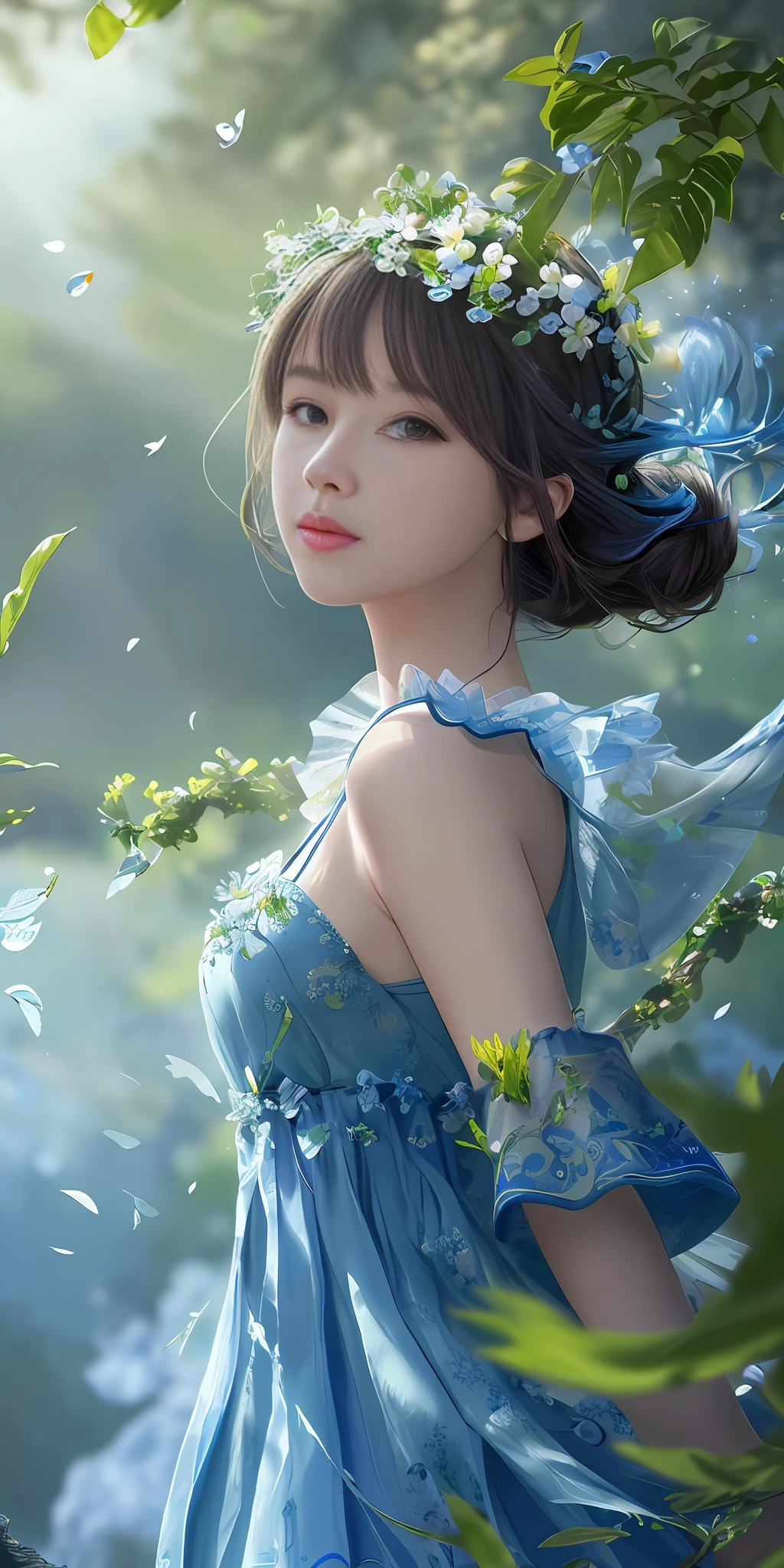 Masterpiece, best quality, (very detailed CG unity 8k wallpaper) (best quality), (best illustration), (best shadows) Nature', blue sea,delicate leaves petals of various colors falling in the air light Tracking, super detailed --v6