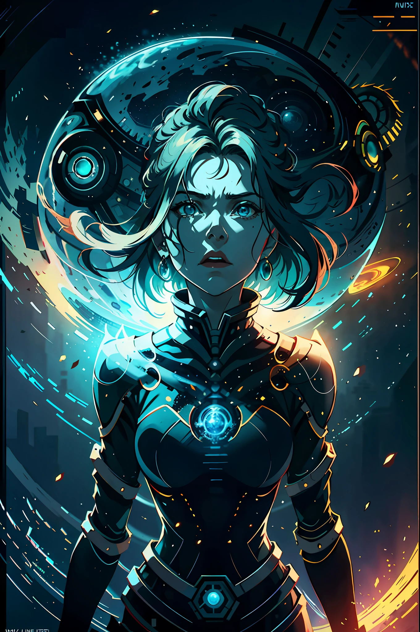 photo, portrait, intimidating Woman floating [a discovery of a wormhole leads to new worlds|a cursed prince must marry a monster], [scifi:fantasy:0.6] cinematic Lighting