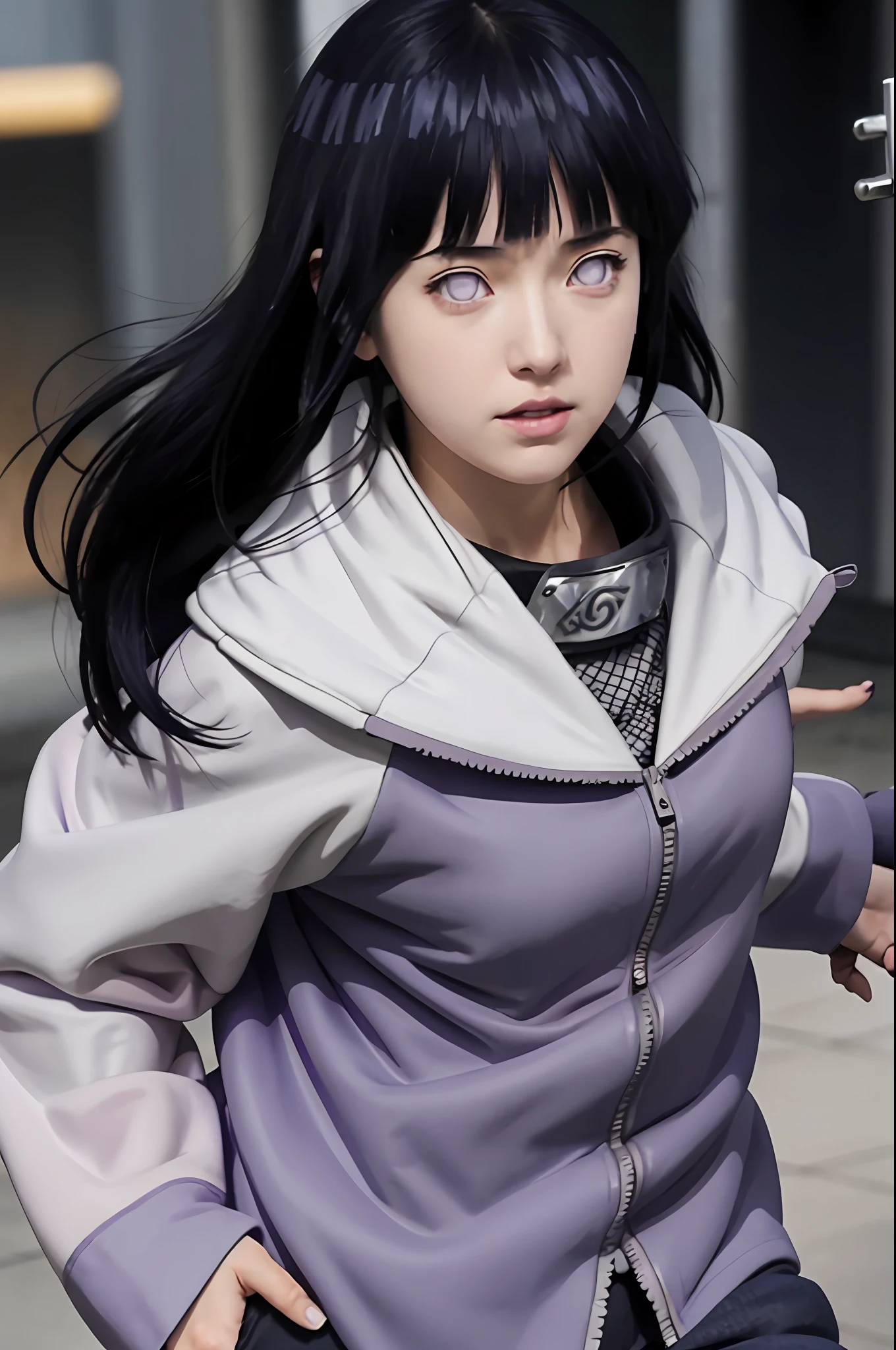 a girl in a purple jacket and black pants standing in front of a circular object, hinata hyuga, hinata hyuga from naruto, dark blue haired girl wearing hoodie, anime girl of the future, blunt bangs, purple eyes, pink lips, dynamic angle