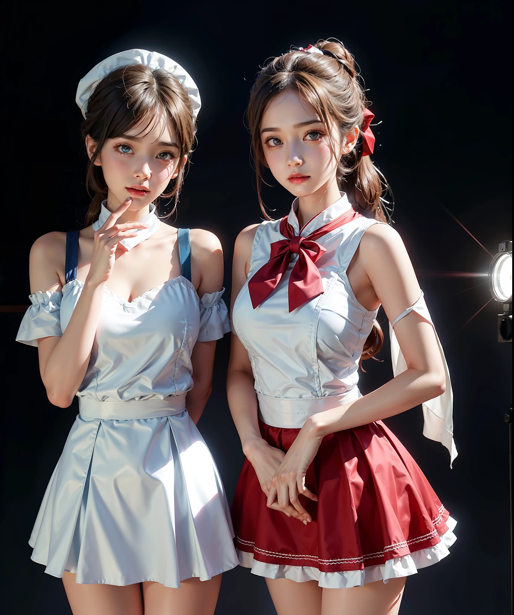 2 8 year old girls, twins, red and blue background, maid outfit, white shawl, cute outfit, shorts, character focus, Tyndall effect, cinematic lighting, looking to the camera,