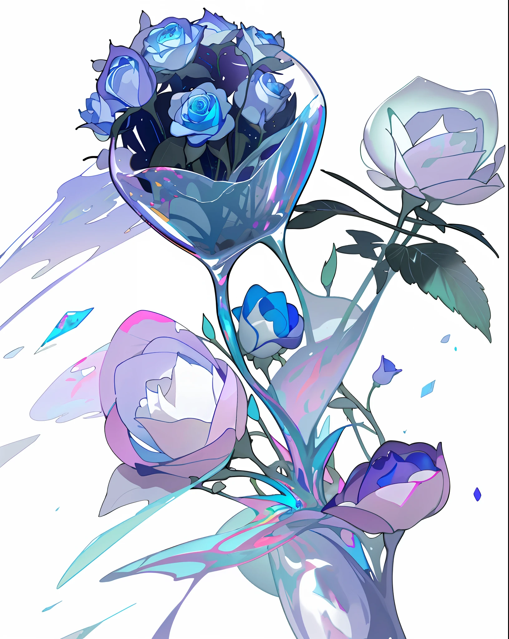 there is a glass vase with a flower inside of it, translucent roses ornate, beeple and james jean, glass flowers, beautiful flowers and crystals, surreal waiizi flowers, ethereal flowerpunk, nick knight, crystalline, rendering a blue rose, opal petals, crystalized, made entirely from gradients, abstract smokey roses, glossy digital painting