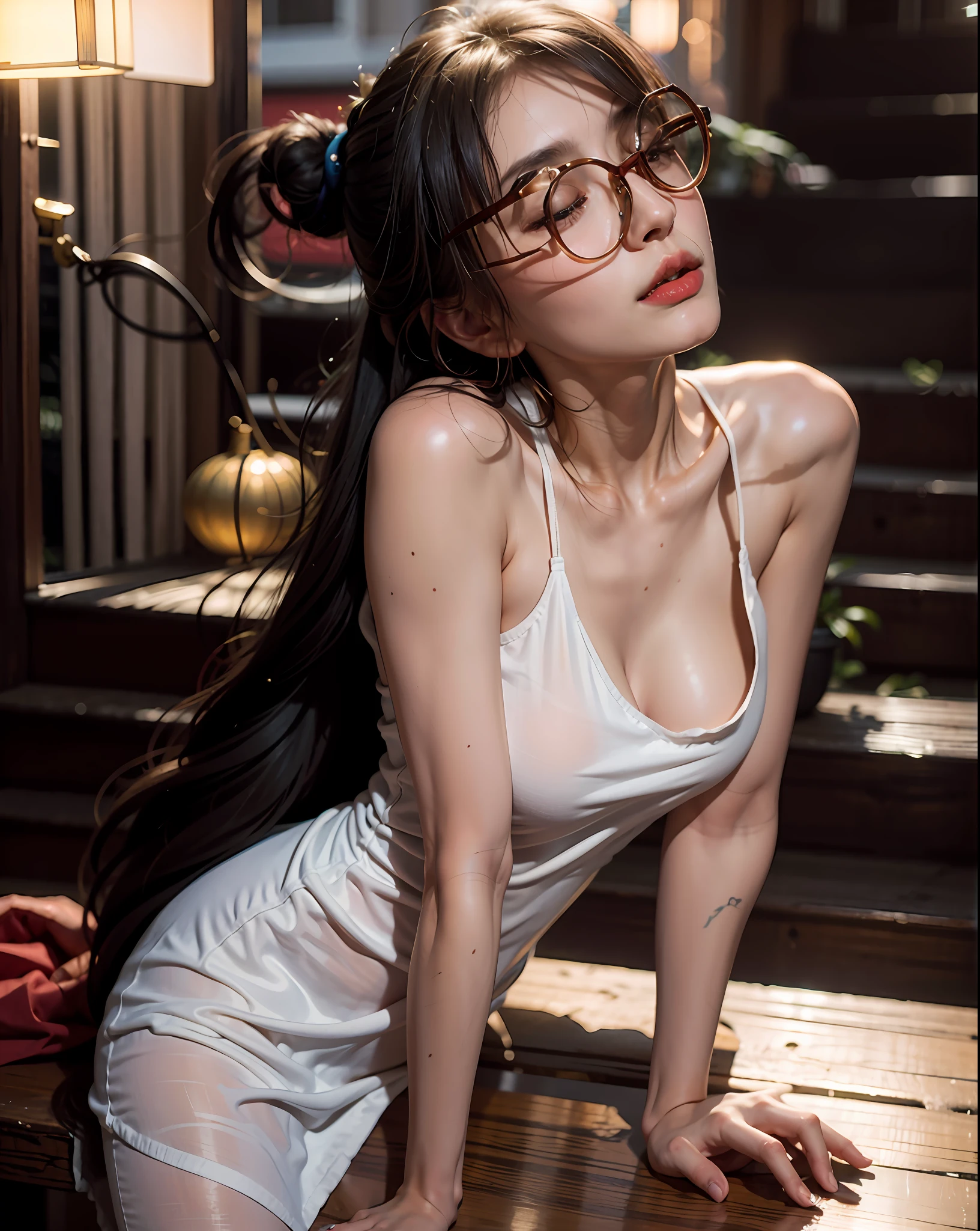 (Very detailed CG unity 8k wallpaper), (Masterpiece), (Best Quality), (Ultra Detailed), (Best Illustration), (Best Shadow), (Realism: 1.5), (PureErosFace_ V1:0.5), normal facial features, in line with normal people, eye proportions coordinated, real human skin, lens halo, shadow, halo, depth of field, natural lighting, soft light on the side, cute thin face of girl, eyes closed, eyes closed, enjoy, enjoy the sun, gentle and affectionate, deep V slip dress, there is a woman with glasses posing for photo, wearing glasses, beautiful asian girl, asian girl, glasses, sexy girl, thick glasses, photo of slim girl, wearing glasses, beautiful asian woman, thin waist and thick buttocks, tight dress, tights, asian woman, photo of slim girl model