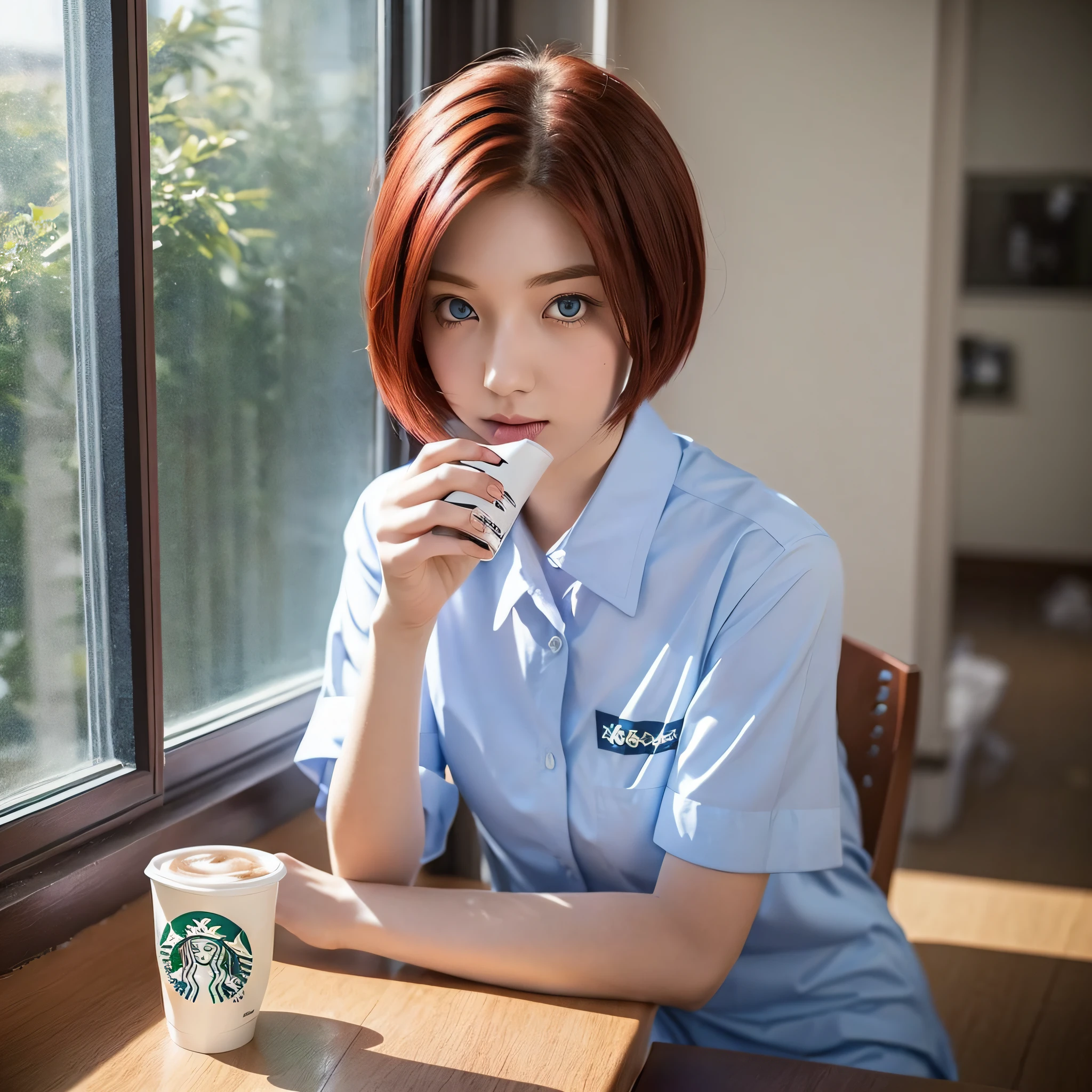 Blue-eyed, short-haired, straight-haired, red-haired girl 20 years old, wearing a school uniform, drinking Starbucks coffee, sitting on a desk on the windowsill, and looking good outside the window is a creeper --auto --s2