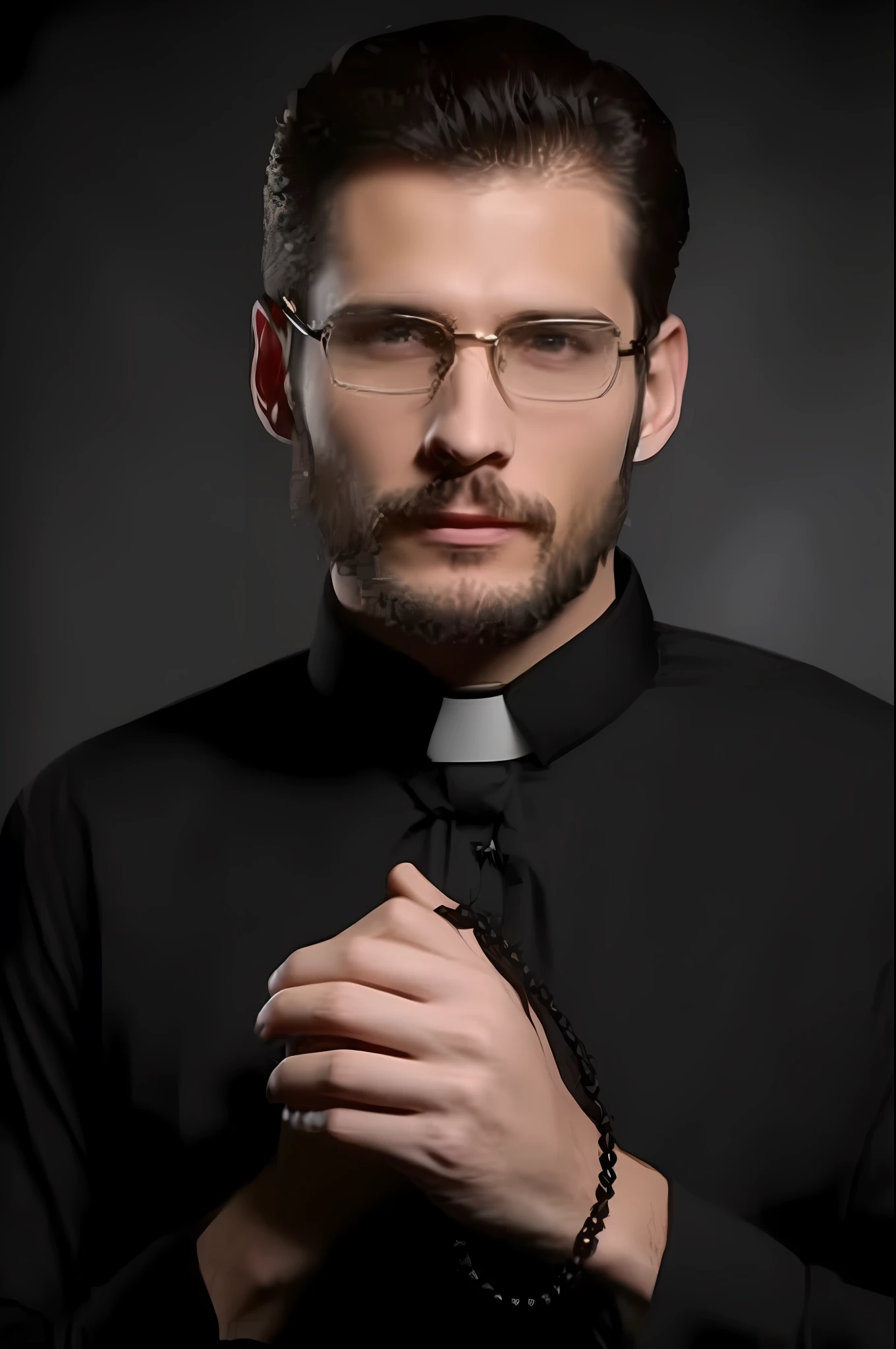 a close up of a man in a black shirt and tie, an evil catholic priest, picture of a male cleric, catholic, wearing cross on robe, priest, christian saint, orthodox saint, wearing robes and neckties, wearing collar on neck, religious robes, wearing black rimmed glasses, shutterstock, man with glasses, profile photo, dressed like a cleric