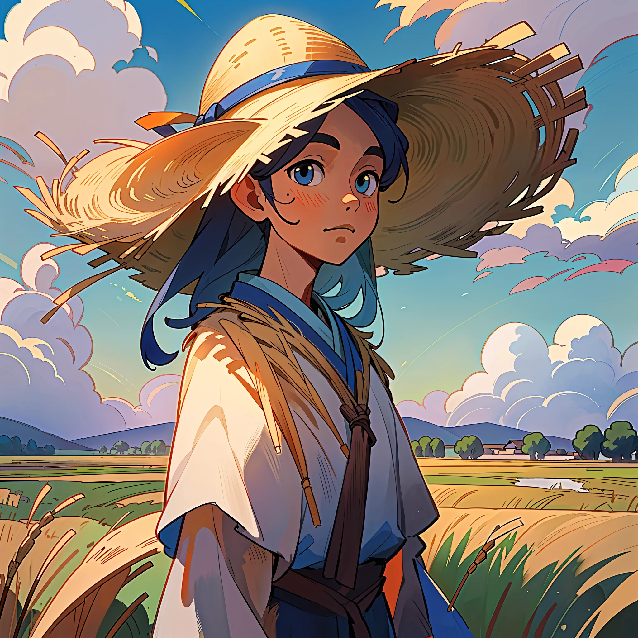 A peasant uncle with a straw hat stands in a wheat field, big clouds, blue sky, rice fields, and there are neat rice seedlings in the field