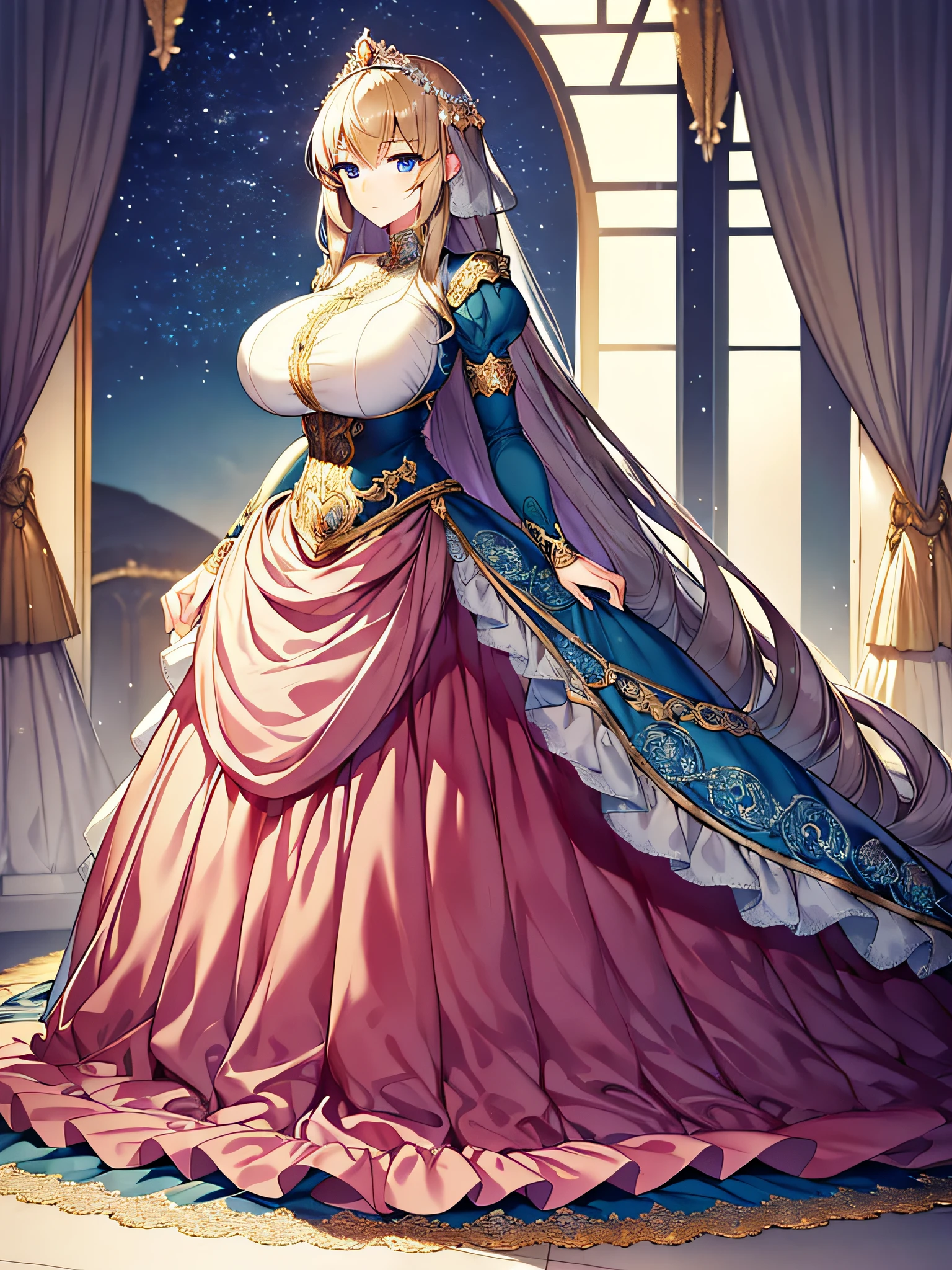 ((anime moe artstyle)),(Masterpiece),(Best Quality), (Super Detail),Illustration,((Very Delicate and Beautiful)),Focus on character,Dynamic Angle,Looking at viewer,(((Solo))),((Full body)),(((one gorgeous princess in ball gown with a voluminous skirt))),detailed face and eyes,jewel-like eyes,(Very Long Hair),gorgeous embroidery and lace,See-through,ornate ruffles,(gigantic breasts,Long breasts),jeweled ball gown,(gorgeous ball gown with a voluminous skirt),