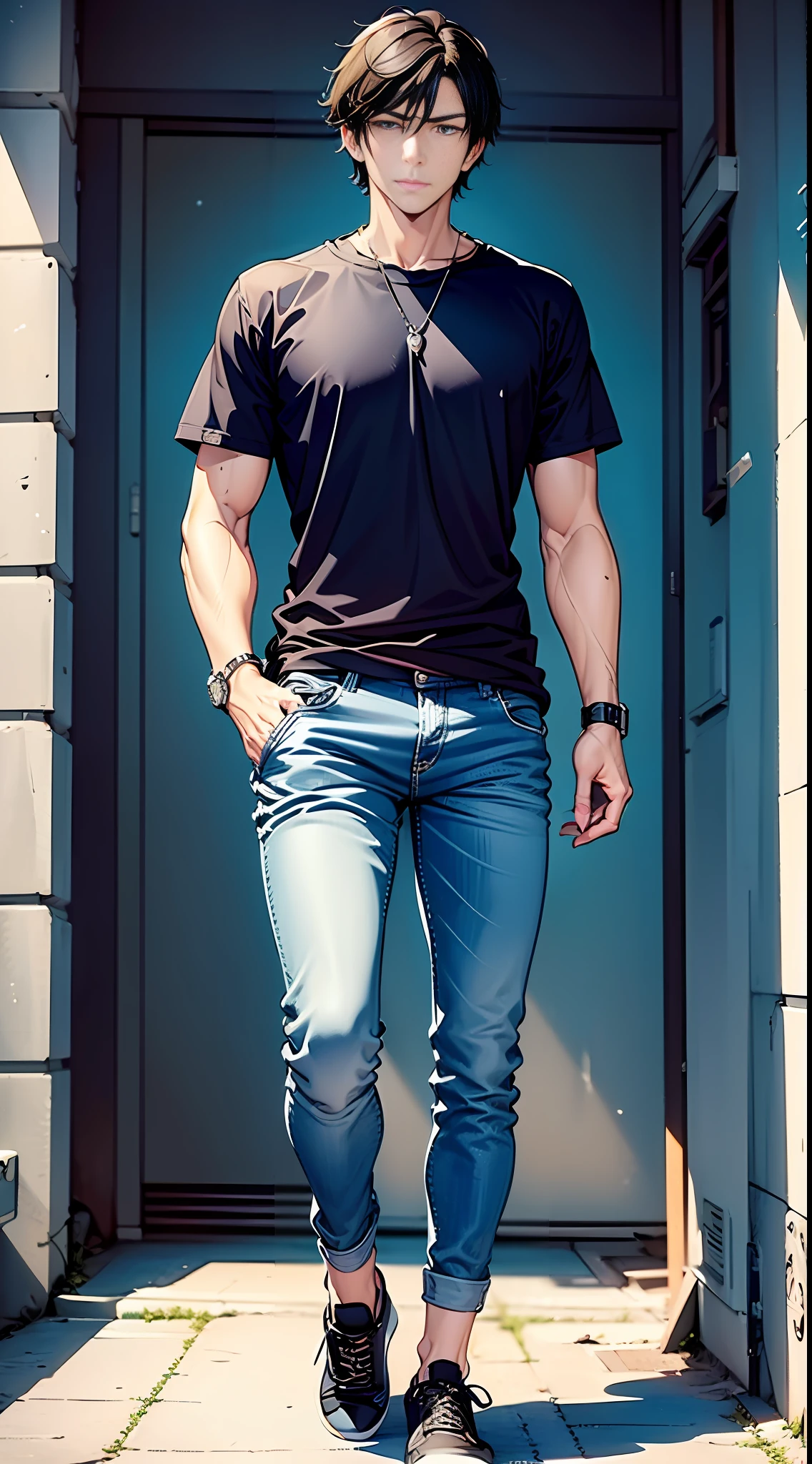 Male protagonist: Gu Kill, tall figure, short brown hair, deep eyes, slightly indifferent expression, wearing a black T-shirt, a pair of dark blue jeans, a pair of black sneakers, and a smart watch on his hand.