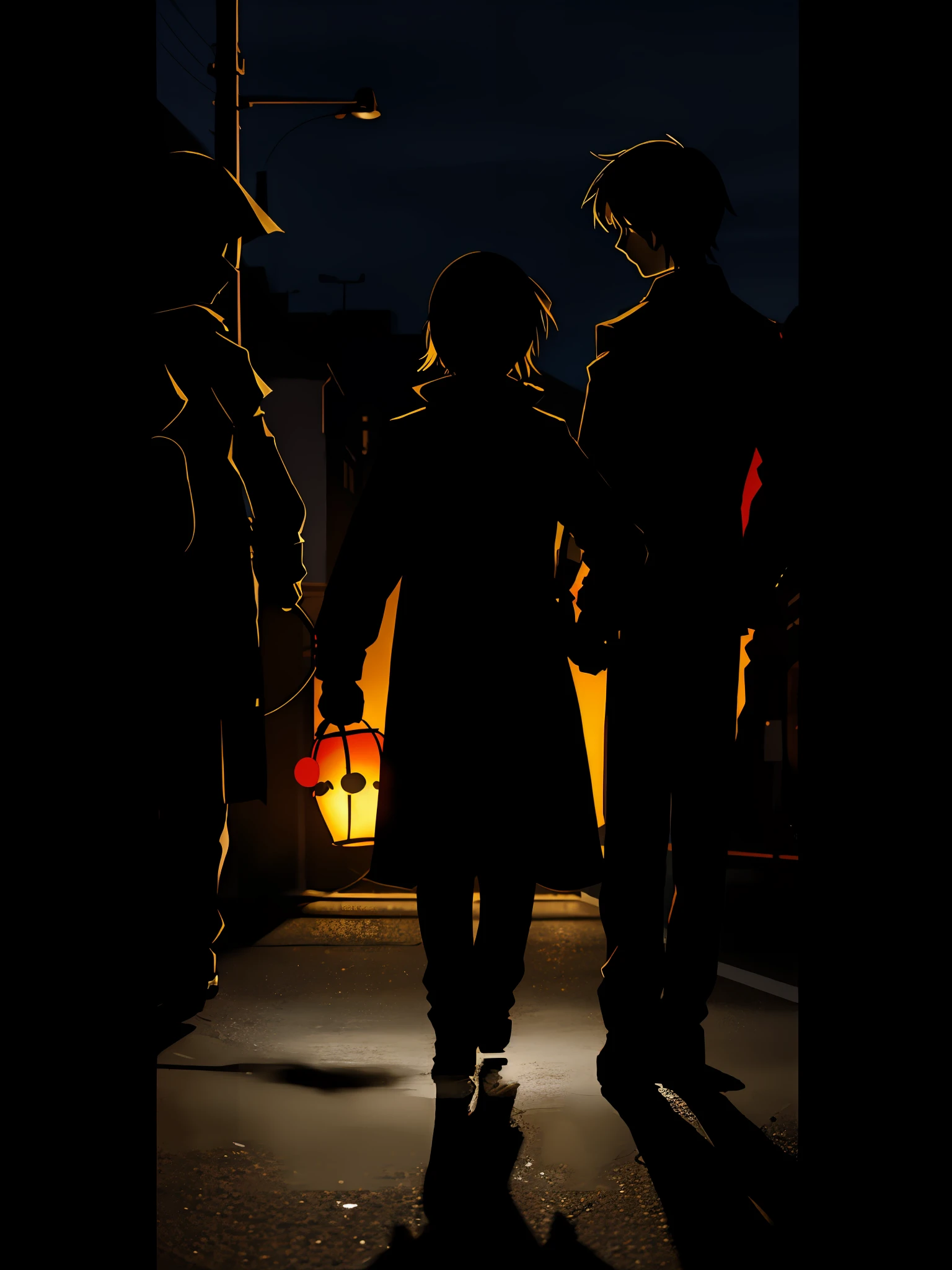 a cinematic scene from 2023, shadows in the street, long shot, the shadow of a man bends down and talks to a girl with a red balloon, psychological thriller, captured by Sony Alpha a7 111, german expressionism, dramatic lighting, street lamp light, strong contrasts, distorted perspectives, chiaroscuro, angular shapes, silhouette, dark, ominous, scary, threatening, shadow puppet style