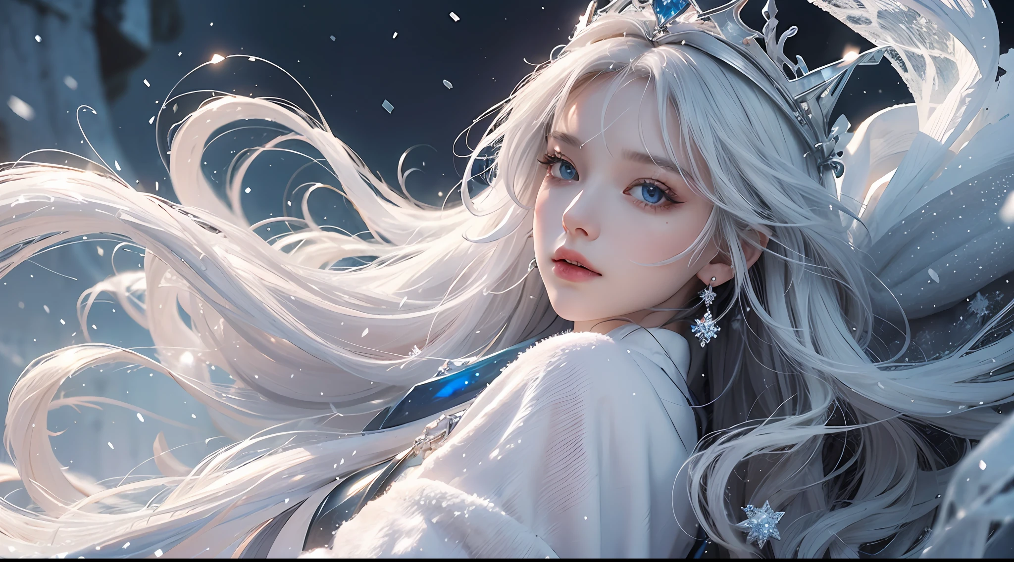 wlop, aeolian, jewelry, woman, queen, white robe, white eyelashes, dyed snow face, cold, frost, color, side light, pointed crown, super detail, depth of field, magic array, white hair, blue eyes, lips, snow, snow magic, white magic, sapphire, ice cap, ice crystal fragments, ice, large area white, incredible, super detail, extremely detail, (high contrast: 1.11), wind, amazing, beautiful detail eyes, messy hair, ( best lighting, extremely delicate and beautiful), ((cinema light)), (from the side: 1.3), 8K, masterpiece, best quality, movie stills, 1girl, floating in the sky, cloud girl, clouds, (close-up: 1.1), bright, happy, fun, soft lighting, (Bauhaus, shapes, lines, abstract: 1.1) official art, Unity 8k wallpaper, super detailed, beautiful and beautiful, masterpiece, best quality, (dynamic angle: 1.4), romantic depth of field exotic_ dance, Perfect NwsjMajic, (Masterpiece, Top Quality, Best Quality, Official Art, Beauty and Aesthetics: 1.2), Extreme Detail, Colorful, Supreme Detail, Snowy landscape, Snowflakes, ice-blue castle, lich, dark robes, glowing eyes, snowdrifts, trees, dramatic and eerie atmosphere