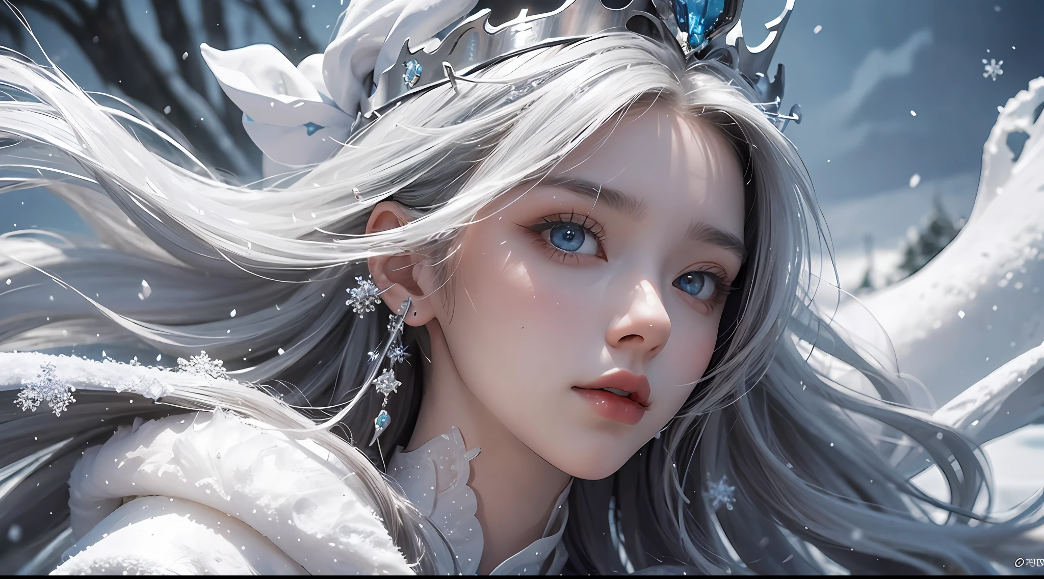wlop, aeolian, jewelry, woman, queen, white robe, white eyelashes, dyed snow face, cold, frost, color, side light, pointed crown, super detail, depth of field, magic array, white hair, blue eyes, lips, snow, snow magic, white magic, sapphire, ice cap, ice crystal fragments, ice, large area white, incredible, super detail, extremely detail, (high contrast: 1.11), wind, amazing, beautiful detail eyes, messy hair, ( best lighting, extremely delicate and beautiful), ((cinema light)), (from the side: 1.3), 8K, masterpiece, best quality, movie stills, 1girl, floating in the sky, cloud girl, clouds, (close-up: 1.1), bright, happy, fun, soft lighting, (Bauhaus, shapes, lines, abstract: 1.1) official art, Unity 8k wallpaper, super detailed, beautiful and beautiful, masterpiece, best quality, (dynamic angle: 1.4), romantic depth of field exotic_ dance, Perfect NwsjMajic, (Masterpiece, Top Quality, Best Quality, Official Art, Beauty and Aesthetics: 1.2), Extreme Detail, Colorful, Supreme Detail, Snowy landscape, Snowflakes, ice-blue castle, lich, dark robes, glowing eyes, snowdrifts, trees, dramatic and eerie atmosphere