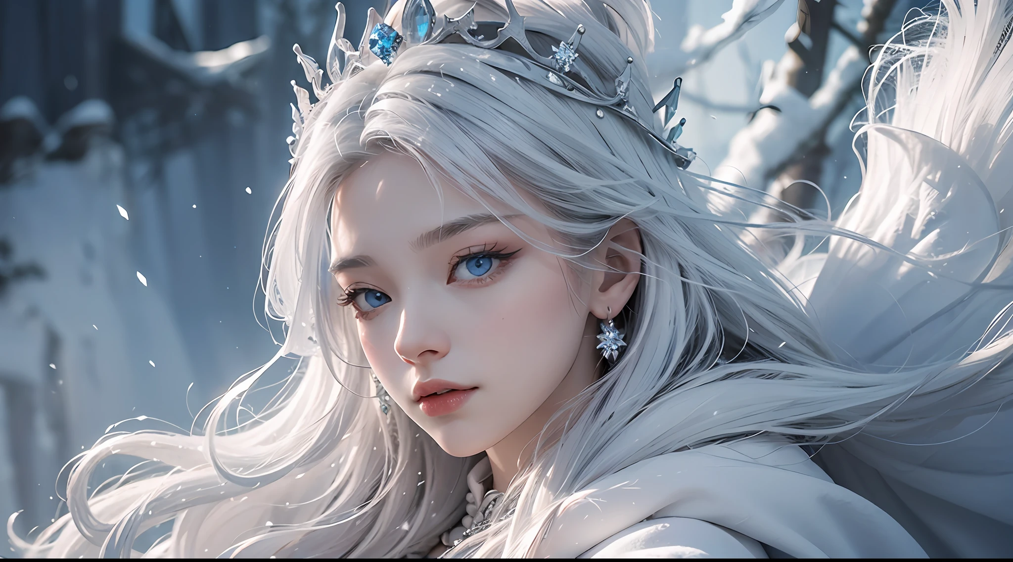 wlop, aeolian, jewelry, woman, queen, white robe, white eyelashes, dyed snow face, cold, frost, color, side light, pointed crown, super detail, depth of field, magic array, white hair, blue eyes, lips, snow, snow magic, white magic, sapphire, ice cap, ice crystal fragments, ice, large area white, incredible, super detail, extremely detail, (high contrast: 1.11), wind, amazing, beautiful detail eyes, messy hair, ( best lighting, extremely delicate and beautiful), ((cinema light)), (from the side: 1.3), 8K, masterpiece, best quality, movie stills, 1girl, floating in the sky, cloud girl, clouds, (close-up: 1.1), bright, happy, fun, soft lighting, (Bauhaus, shapes, lines, abstract: 1.1) official art, Unity 8k wallpaper, super detailed, beautiful and beautiful, masterpiece, best quality, (dynamic angle: 1.4), romantic depth of field exotic_ dance, Perfect NwsjMajic, (Masterpiece, Top Quality, Best Quality, Official Art, Beauty and Aesthetics: 1.2), Extreme Detail, Colorful, Supreme Detail, Snowy landscape, Snowflakes, ice-blue castle, lich, dark robes, glowing eyes, snowdrifts, trees, dramatic and eerie atmosphere