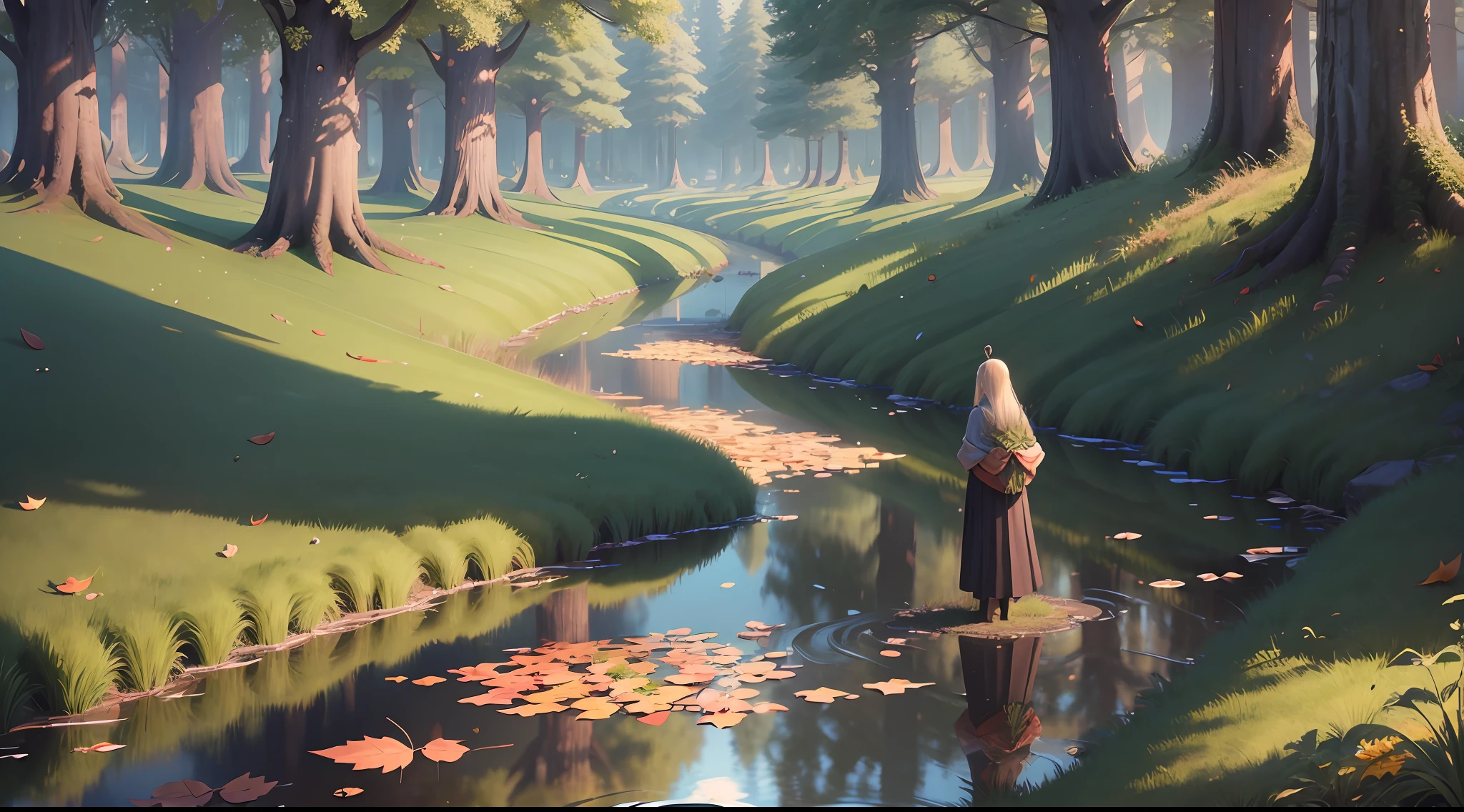 (masterpiece), best quality, incredibly detailed 3D art, (wise), lots of wisdom expressed in abstract forms, (path), organic elements, grass, calm lake, falling leaves, flickering light, soft reflections. --auto --s2