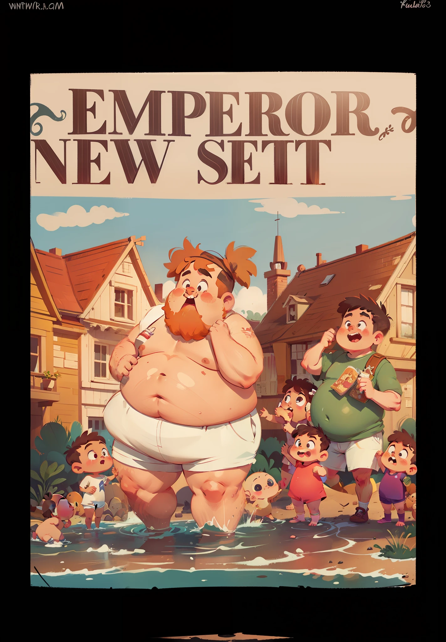 Cartoon style, a naked fat man wearing white shorts, two small children