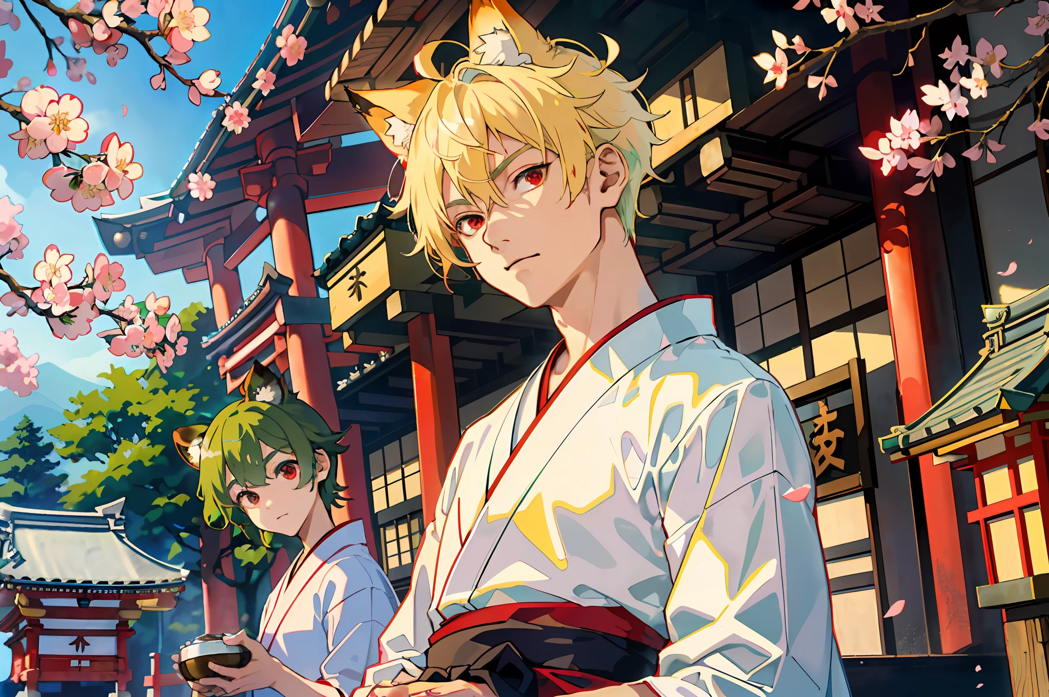 (Representative work: 1.4, highest quality, 8k), (2 boys: 1.6), (blonde spiked hair and red eyes, fox ears: 1.1), (short green hair and big eyes, tanuki ears: 1.2), (Japan Shinto priest, white and blue hakama: 1.3), cherry blossom viewing at a temple in Kyoto.