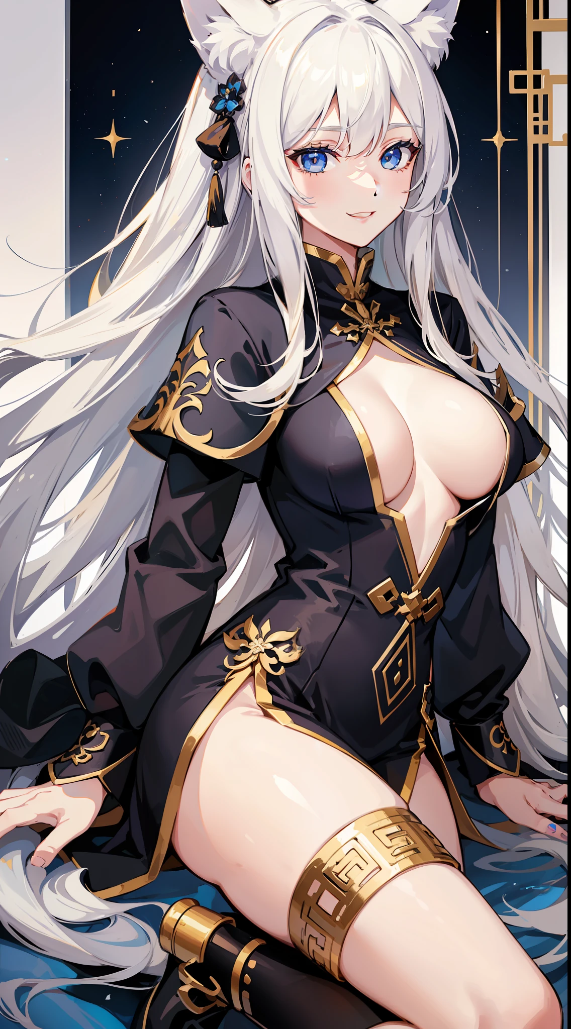 Adult girl, long blonde hair with white strands, blue eyes, wolf ears, black Chinese clothes, smile, masterpiece, high quality