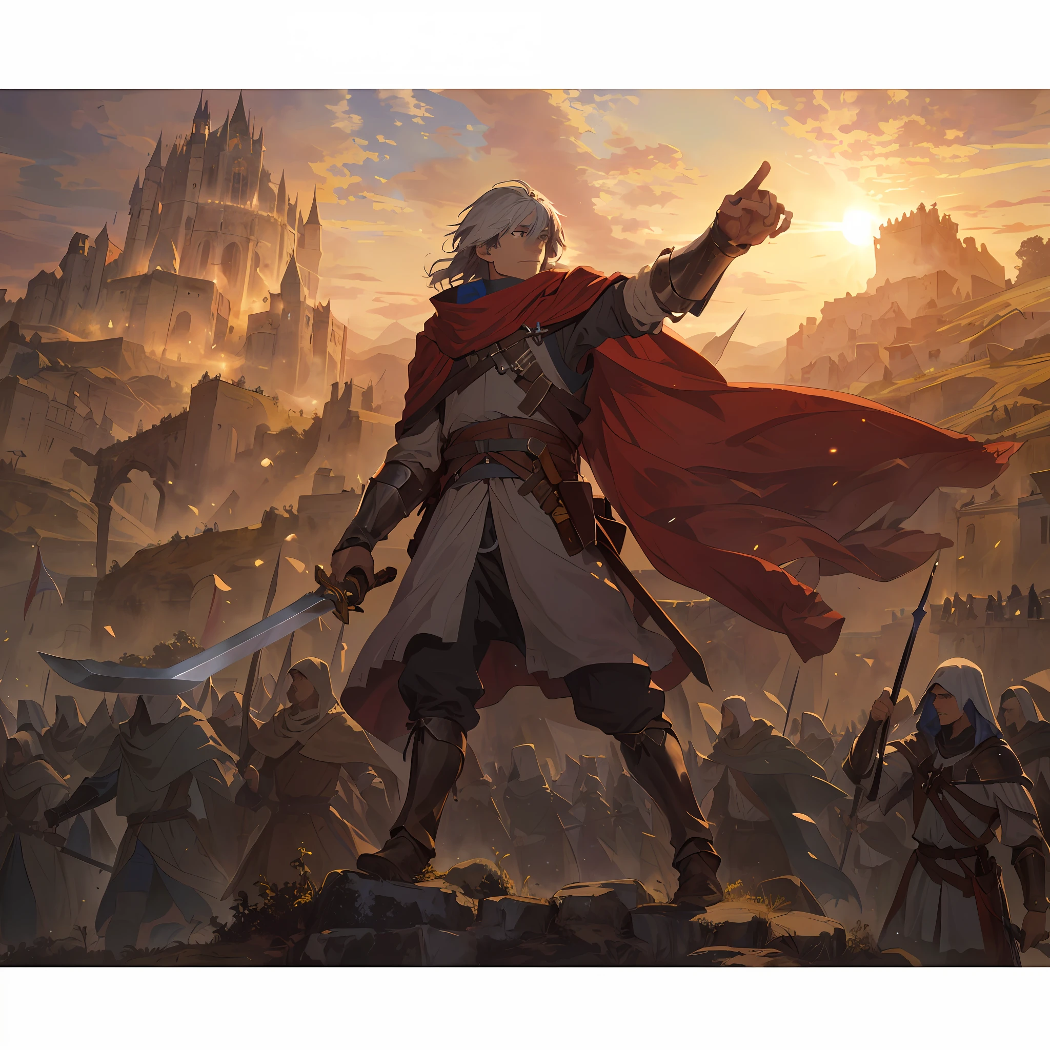 In the European Middle Ages, a man with a sword stood on a hillside rock, he wore a cloak, stretched out his finger to the sky, followed by a dense uprising revolutionary procession, all under the man's command heroically and fearlessly charged forward