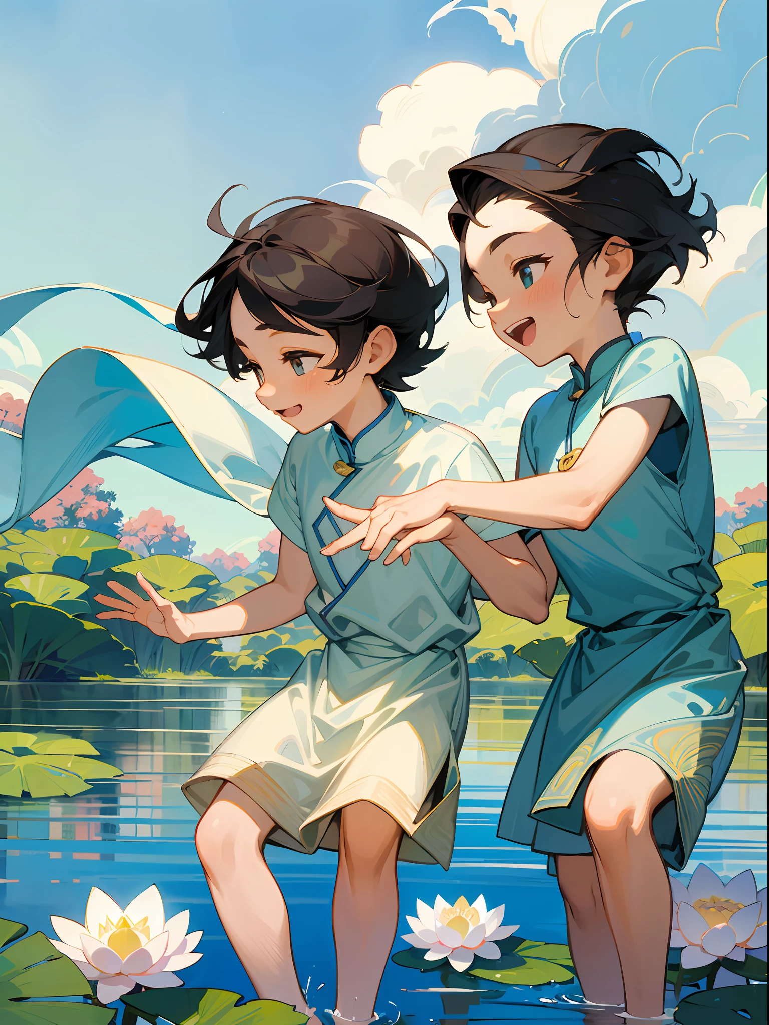 Masterpiece, of the best quality, three boys playing in the water, exquisite stroll, lake full of flowers, lotus clouds, sun, clean blue sky, smiling, having fun