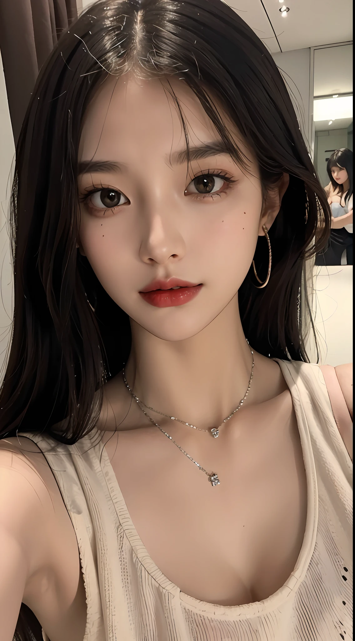 (Masterpiece), best quality, 8K resolution, 3D, close-up, a beautiful girl in a suspender dress, with a necklace, a beauty mole under the corner of the left eye , perfect figure, ((beautiful detailed face)), (upper body: 1.3), black hair (messy), delicate makeup, red lips, shiny lips, long eyelashes, with silver earrings, bright big eyes, eye shadow, lying silkworm, movie lighting, cute girl, master work, high detail, colorful picture, light and shadow details, Extremely delicate beautiful girl, supple and fair skin, delicate facial features, perfect face, stunning beauty, extreme details, realistic details, facing the camera, holding a mobile phone to take a selfie, Clear focus: 1.2, 1girl