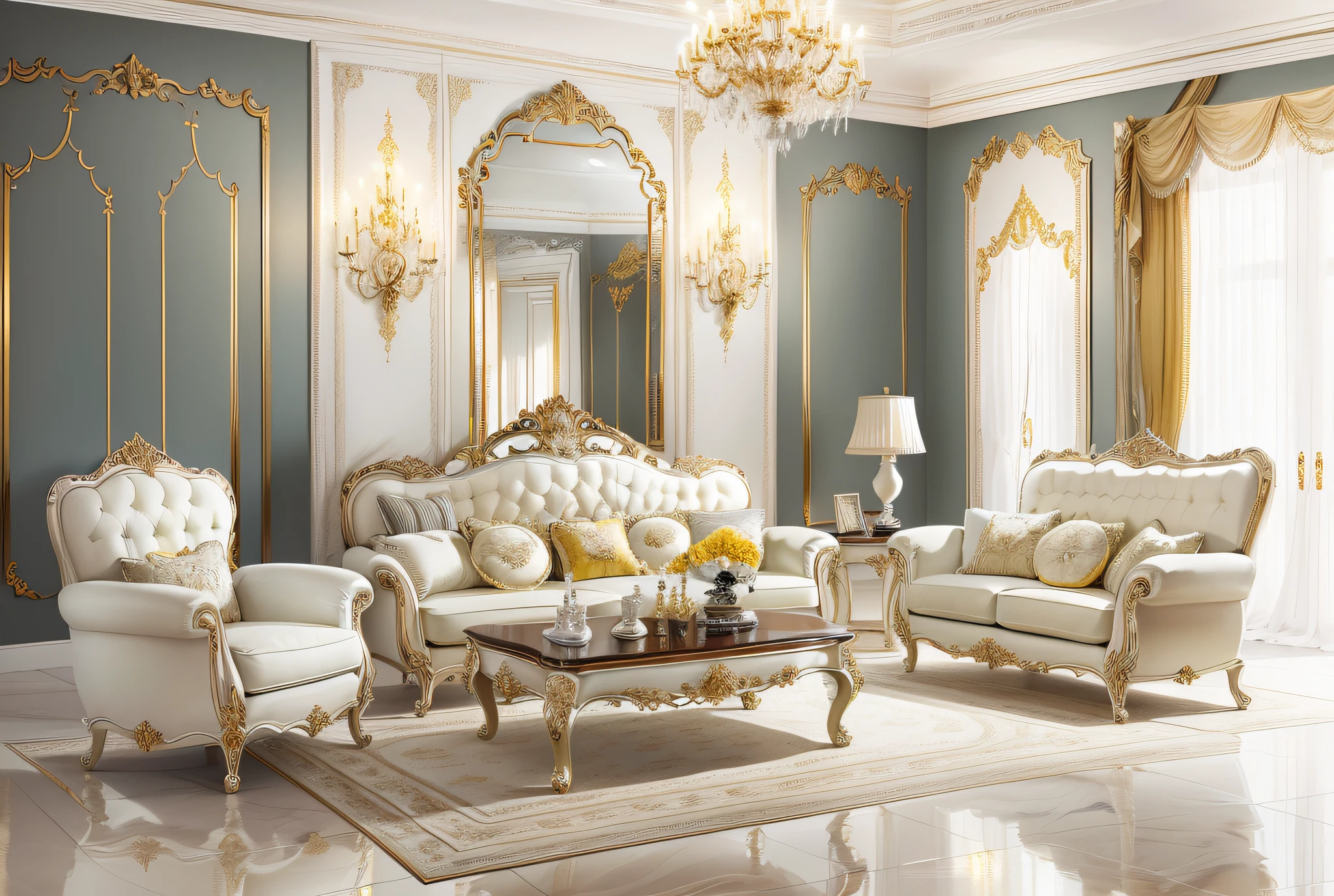 arafed living room with a couch, chairs, coffee table and a chandelier, elegant furniture, french provincial furniture, furniture and decor, ivory rococo, luxury furniture, elegant and refined, inspired by William Home Lizars, neoclassical style, neo - classical style, carved marble texture silk cloth, silver and yellow color scheme, carved white marble, elegant baroque