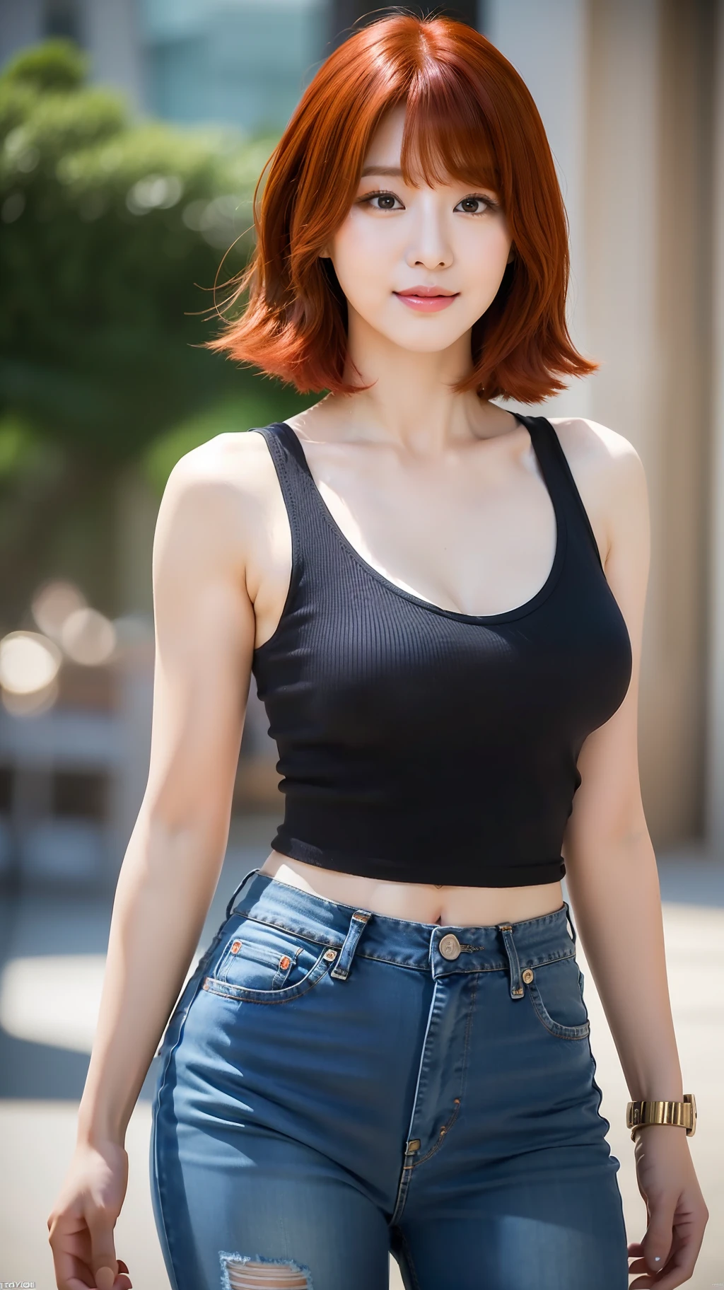 realistic photos of (1 cute Korean star) medium red hair, thin makeup, medium breasts size, slightly smile, wearing v-neck tank top, and jeans, Dinosaur is background, wide shot, bokeh, caustics, blurry, ray tracing, 8k, super detail, UHD, award winning, 16k