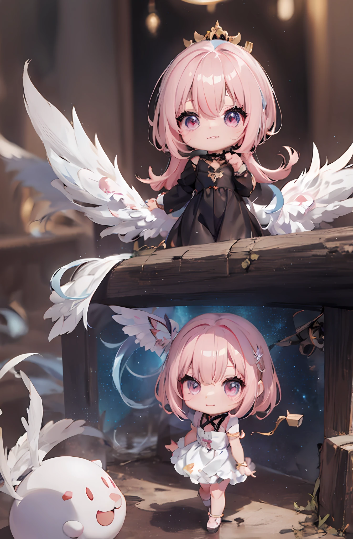1 anime angel doll, (Chibi: 1.2), 8K high quality detail art, white feathers on the back, pink hair, gradient, twinkle, style as Nendoroid, stylized anime, anime style 4K, cute detailed digital art, Guweiz style artwork, 8K octar rendering photos, advanced digital chibi art, Cute 3d render, anime style, light, glow