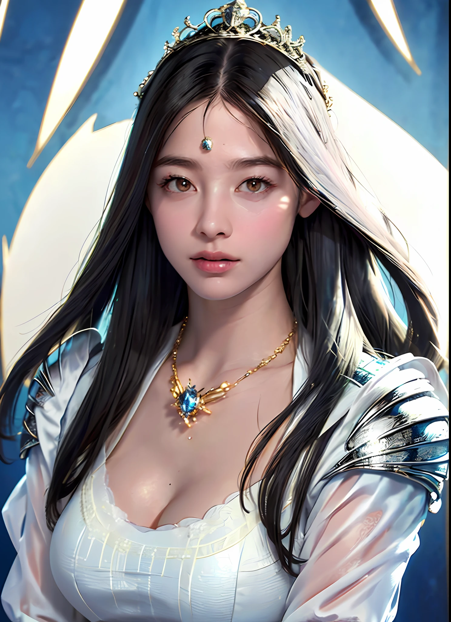 Ultra detailed complex 3D rendering of the face, (big breasts: 7.8), glamour shot full body image, braless, long hair, viewer view, intricate exposure wearing high super armor, bare feet, (shiny skin),((Realistic lighting, top quality, 8K, masterpiece: 1.3)), Clear Focus: 1.2, 1 girl, Perfect figure: 1.4, , (cleavage), intricate details, effectsUltra detailed big crown adorned with jewels: 1.2), big,, sexy swimsuit, (surreal), (high resolution), (8K), (very detailed), (beautiful detailed eyes), she radiates soft and bright light and illuminates everything around her, light particles, intricate detail jewels, one girl, solo, long hair, wind, gorgeous face, top quality, masterpiece, maximum detail, diffused lighting, ( Blue-black hair: 1.3), Valhalla Valkyrie, beauty, facial muscles