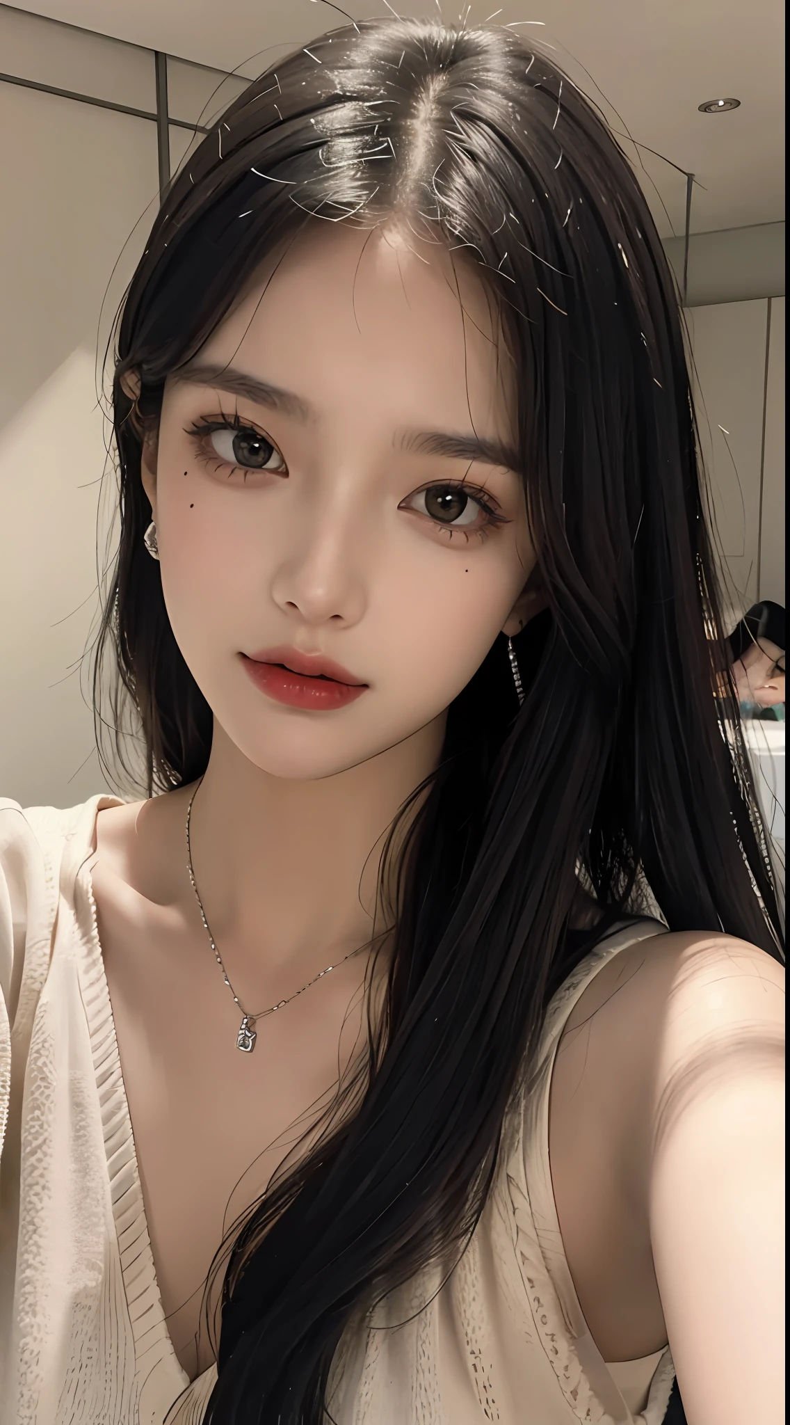 (Masterpiece), best quality, 8K resolution, 3D, close-up, a beautiful girl wearing a turtleneck with a necklace, a beauty mole under the corner of the left eye, perfect figure, ((beautiful detailed face)), (upper body: 1.3), black hair (messy), delicate makeup, red lips, shiny lips, long eyelashes, with silver earrings, bright big eyes, eye shadow, lying silkworm, movie lighting, cute girl, master works, high detail, colorful picture, light and shadow details, Extremely delicate beautiful girl, supple and fair skin, delicate facial features, perfect face, stunning beauty, extreme details, realistic details, facing the camera, holding a mobile phone to take a selfie, Clear focus: 1.2, 1girl
