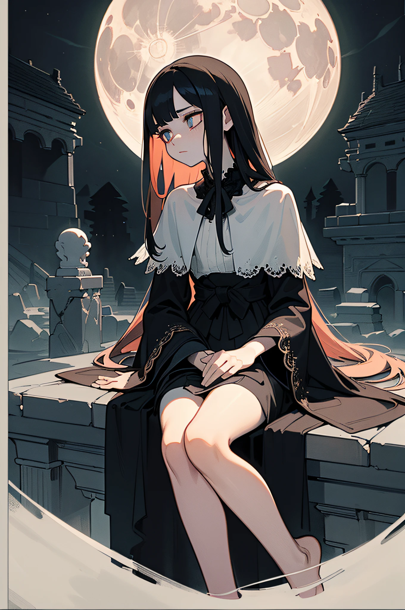 [Detailed illustrations, art based on extremely ideal anatomy, very detailed and detailed drawings, slow and delicate lines, realistic texture expression],((Color tressed main lines)),(Artwork with outstanding craftsmanship),(Midnight ruins (Background of a stone castle leaking in moonlight)) Full Moon,Vampire Girl Japanese Beauty ((Beautiful but sick face, sunken eyes)) Skinny  (delicate and bony figure) Bare feet (((straight cropped bangs)) Fine beautiful straight long hair (black cat),(Beautiful skin shining on the moon (pale skin)),Cloak of darkness (ribbon lace embroidery),(ephemeral melancholy)) (Moonlight))) Gravure (Sedentary) ((Tindall effect)),((Dark fantasy)),((Fine and beautiful skin expression ( Transparency))),((Clear gaze)),((Perfect eye details (Beautifully drawn pupils))),(Beautiful perfect face (Realistic face details)),((Beautiful hair details)),(Proportioned and perfect proportions)),(High-level built design,((Advanced structural understanding of materials)),Ideal color coordination),((Artistic decoration)) ((High-density detail)),((Detail,High definition)),[(Ultra-precision detail),((Multilayer texture)),HighQuality,High Resolution],((Accurate simulation of light-material interaction, understanding of air flow,Mechanically correct representation)),(((Visual art with narrative)).
