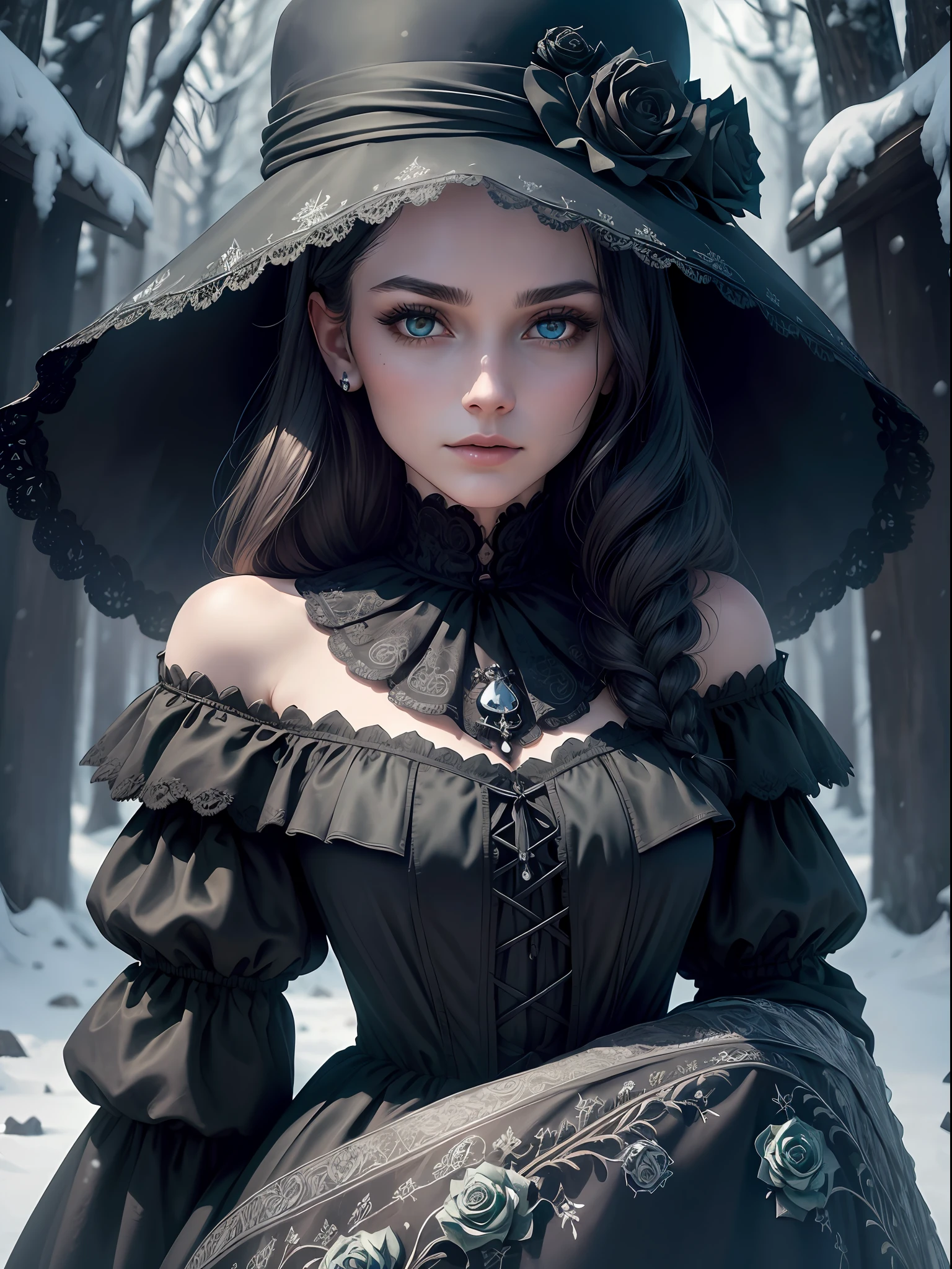 (Upper body close up), a woman in black victorian dress, black hat, off shoulder, (skull trinkets,dark roses adorning), green topaz eyes,snow forest background, snowfall, ((intricate detailed)) , (highly detailed skin,face,eyes), delicate eyes, high detailed eyes, cinematic lighting, ultra hi-res photo, (masterpiece,top quality,realistic),