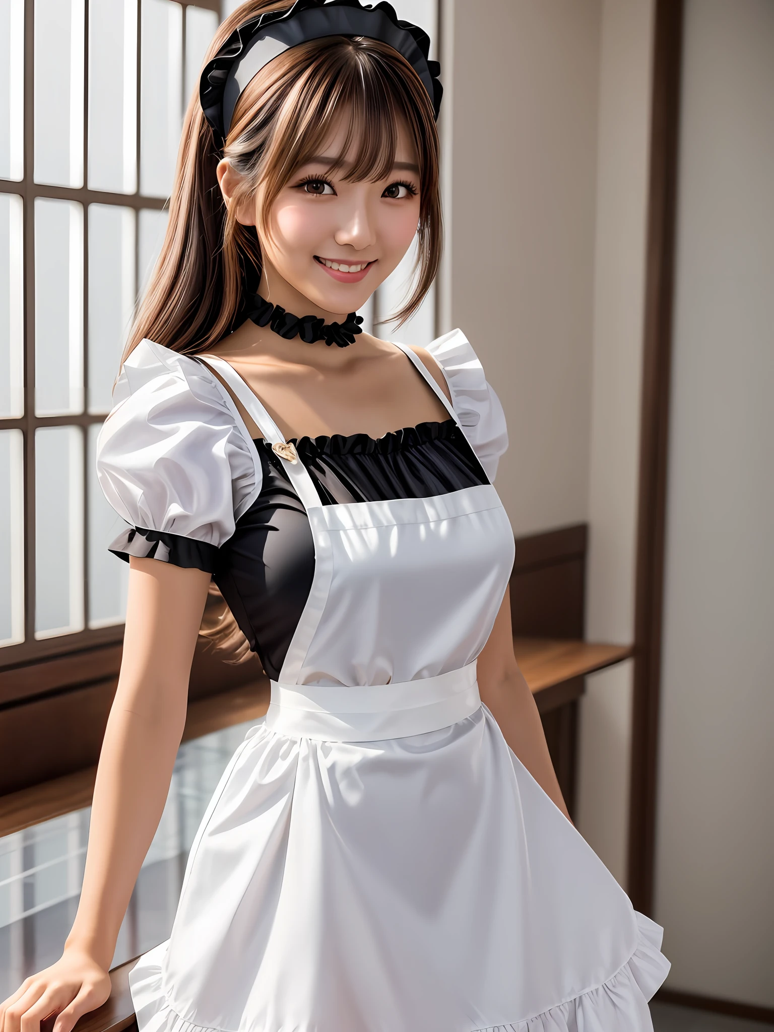 masterpiece, 1 girl per 1 photo, upper body shot, directly front view, a Japanese young pretty woman, wearing a short sleeve satin black cute maid costume in the cafe with a big smile, wearing a white frilled headband, a white frilled apron, a black choker, glamorous figure, hyper cute face, glossy lips, sweaty body, double eyelids in both eyes, Natural makeup, long eyelashes, shiny smooth light brown hair of long bob hair, asymmetrical bangs, tanned skin, central image, 8K resolution, high detail, detailed hairstyle, Detailed Face, spectacular cinematic lighting, octane rendering, vibrant, hyper realistic, perfect limbs, perfect anatomy