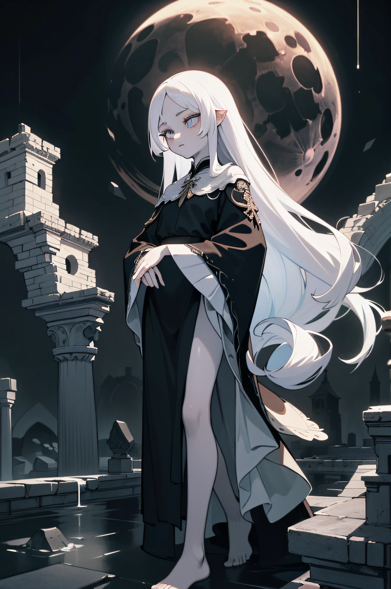 [Detailed illustrations, art based on extremely ideal anatomy, very detailed and detailed drawings, slow and delicate lines, realistic texture expression],((Color tressed main lines)),(Artwork with outstanding craftsmanship),(Midnight ruins (Background of a stone castle leaking in moonlight)) Full Moon,Vampire Girl Japanese Beauty ((Beautiful but sick face, sunken eyes)) Skinny  (delicate and bony figure) Bare feet (((straight cropped bangs)) Fine beautiful straight long hair (black cat),(Beautiful skin shining on the moon (pale skin)),Cloak of darkness (ribbon lace embroidery),(ephemeral melancholy)) (Moonlight))) Gravure (Sedentary) ((Tindall effect)),((Dark fantasy)),((Fine and beautiful skin expression ( Transparency))),((Clear gaze)),((Perfect eye details (Beautifully drawn pupils))),(Beautiful perfect face (Realistic face details)),((Beautiful hair details)),(Proportioned and perfect proportions)),(High-level built design,((Advanced structural understanding of materials)),Ideal color coordination),((Artistic decoration)) ((High-density detail)),((Detail,High definition)),[(Ultra-precision detail),((Multilayer texture)),HighQuality,High Resolution],((Accurate simulation of light-material interaction, understanding of air flow,Mechanically correct representation)),(((Visual art with narrative)).