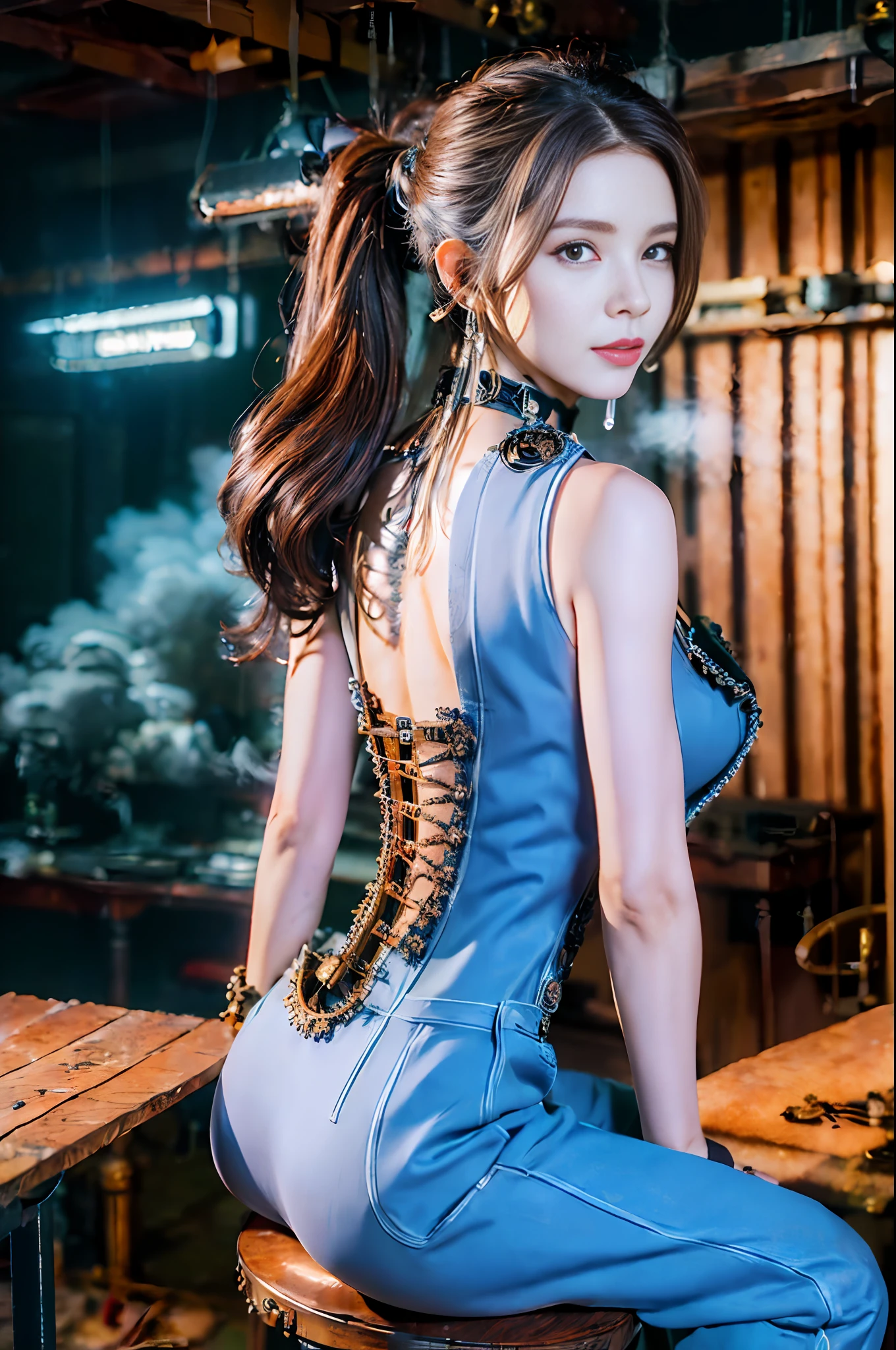 (8K, best quality:1.2), (masterpiece:1.37), (photo, photorealistic:1.37), (ultrahigh-res), full body, sitting on a chair, shot from behind, slow motion, female steampunk engineer, (wearing a gray jumpsuit with steampunk details:1.2),(ornately decorated intercom headset:1.3), (ornately decorated choker), (insanely detailed steampunk, bloom:1.5), (highest quality, Alessandro Casagrande, Greg Rutkowski, Sally Mann, concept art, 4k), (analog:1.2), (high sharpness), (detailed pupils:1.1), detailed face and green eyes, Masterpiece, best quality, (highly detailed photo:1.1), (long ginger Hair, ponytail,ecstatic:1.1), (young woman:1.1), sharp, (perfect body:1.1), realistic, real shadow, 3d, (steampunk workshop interior filled with steam and smoke background:1.2), photographed by Canan EOS R6, 135mm, 1/1250s, f/2.8, ISO 400