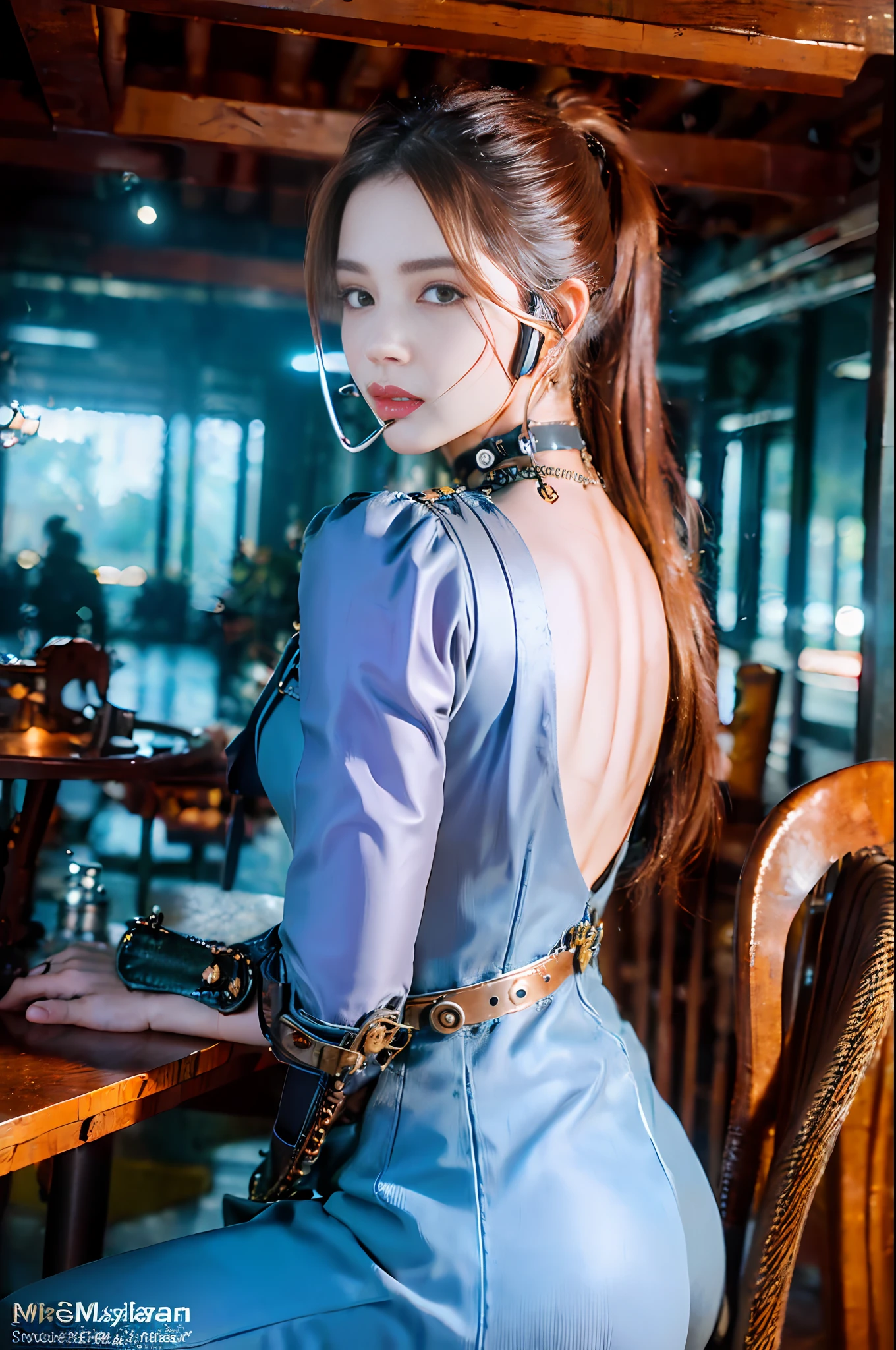 (8K, best quality:1.2), (masterpiece:1.37), (photo, photorealistic:1.37), (ultrahigh-res), full body, sitting on a chair, shot from behind, slow motion, female steampunk engineer, (wearing a gray jumpsuit with steampunk details:1.2),(ornately decorated intercom headset:1.3), (ornately decorated choker), (insanely detailed steampunk, bloom:1.5), (highest quality, Alessandro Casagrande, Greg Rutkowski, Sally Mann, concept art, 4k), (analog:1.2), (high sharpness), (detailed pupils:1.1), detailed face and green eyes, Masterpiece, best quality, (highly detailed photo:1.1), (long ginger Hair, ponytail,ecstatic:1.1), (young woman:1.1), sharp, (perfect body:1.1), realistic, real shadow, 3d, (steampunk workshop interior filled with steam and smoke background:1.2), photographed by Canan EOS R6, 135mm, 1/1250s, f/2.8, ISO 400