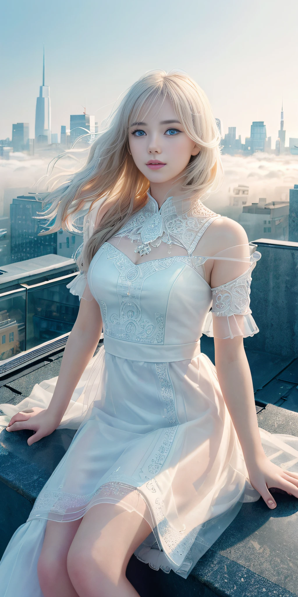 (1 girl:1.3), Solo, (((Highly detailed face)))), ((Highly detailed eyes and face)))), Beautiful detailed eyes, Body parts__, official art, unified 8k wallpaper, ultra detailed, beautiful and beautiful, beautiful, masterpiece, best quality, original, masterpiece, ultra fine photography, best quality, ultra high definition, realistic realism, sunlight, full body portrait, amazing beauty, Dynamic pose, delicate face, vivid eyes, (from the front), highly detailed city roof background, rooftop, overlooking the city, detailed face, detailed complex busy background, messy and gorgeous milky white, highly detailed skin, realistic skin details, visible pores, clear focus, volumetric fog, 8k UHD, DSLR, high quality, film grain, fair skin, photorealism, Lomography, futuristic dystopian megalopolis, translucent