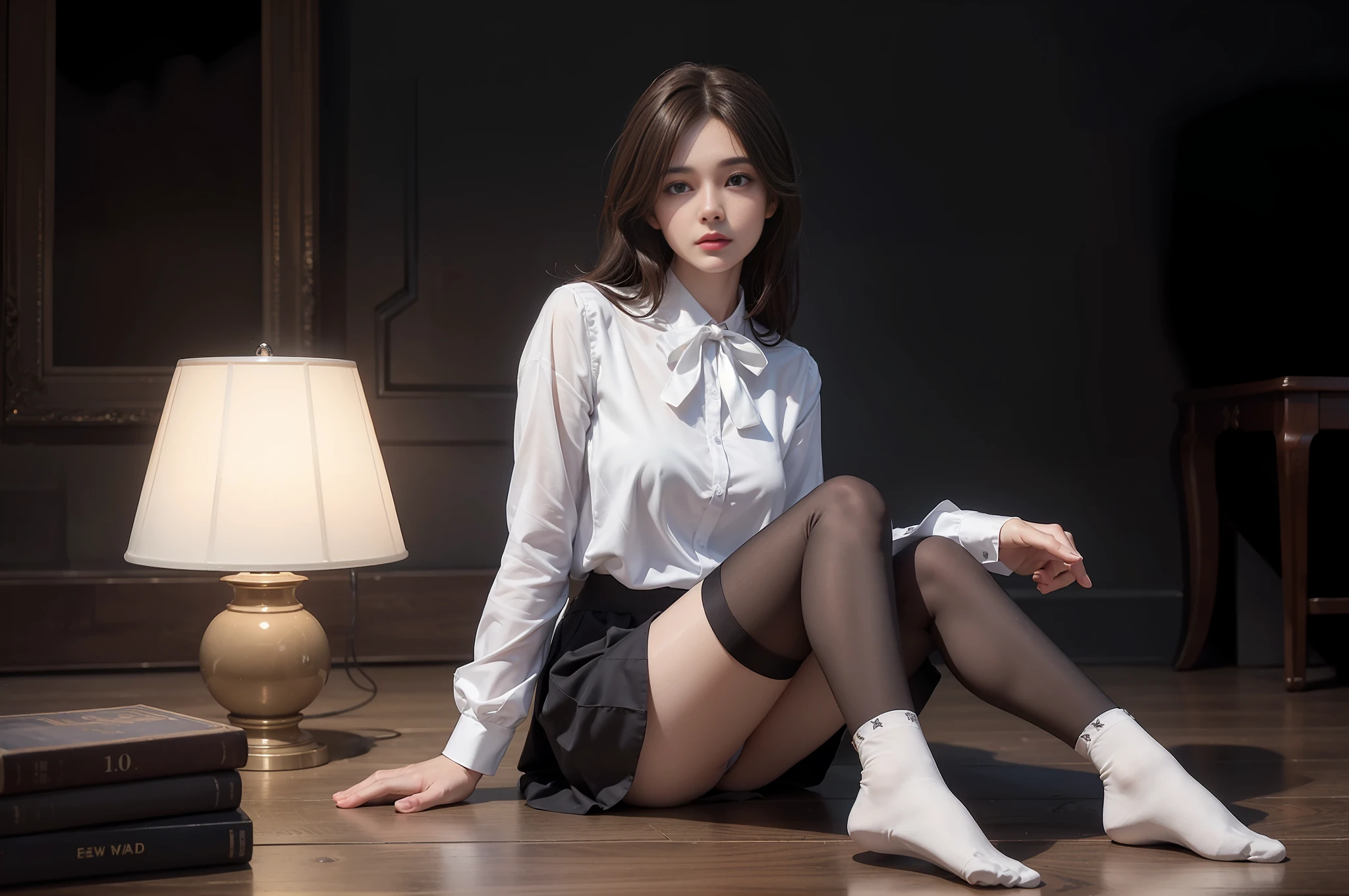 (Photoreal: 1.4), (Hyperrealistic: 1.4), (Realistic: 1.3), (Smooth Lighting: 1.05), (Improved Cinematic Lighting Quality: 0.9), 32K, 1 female, 24 year old business woman, looking at camera through buttocks with buttocks turned, realistic lighting, backlight, face lights, ray tracking, (bright lightA: 1.2), (Quality improvement: 1.4), (Quality improvement: 1.4), Fine detailed eyes, Detailed face, Fine quality eyes, Dark brown eyes, (Tired and sleepy and satisfied: 0.0), White blouse, dark blue skirt, dark brown hair, pure white silk socks, (shiny smooth fabric white silk socks: 1.5), dark brown hair