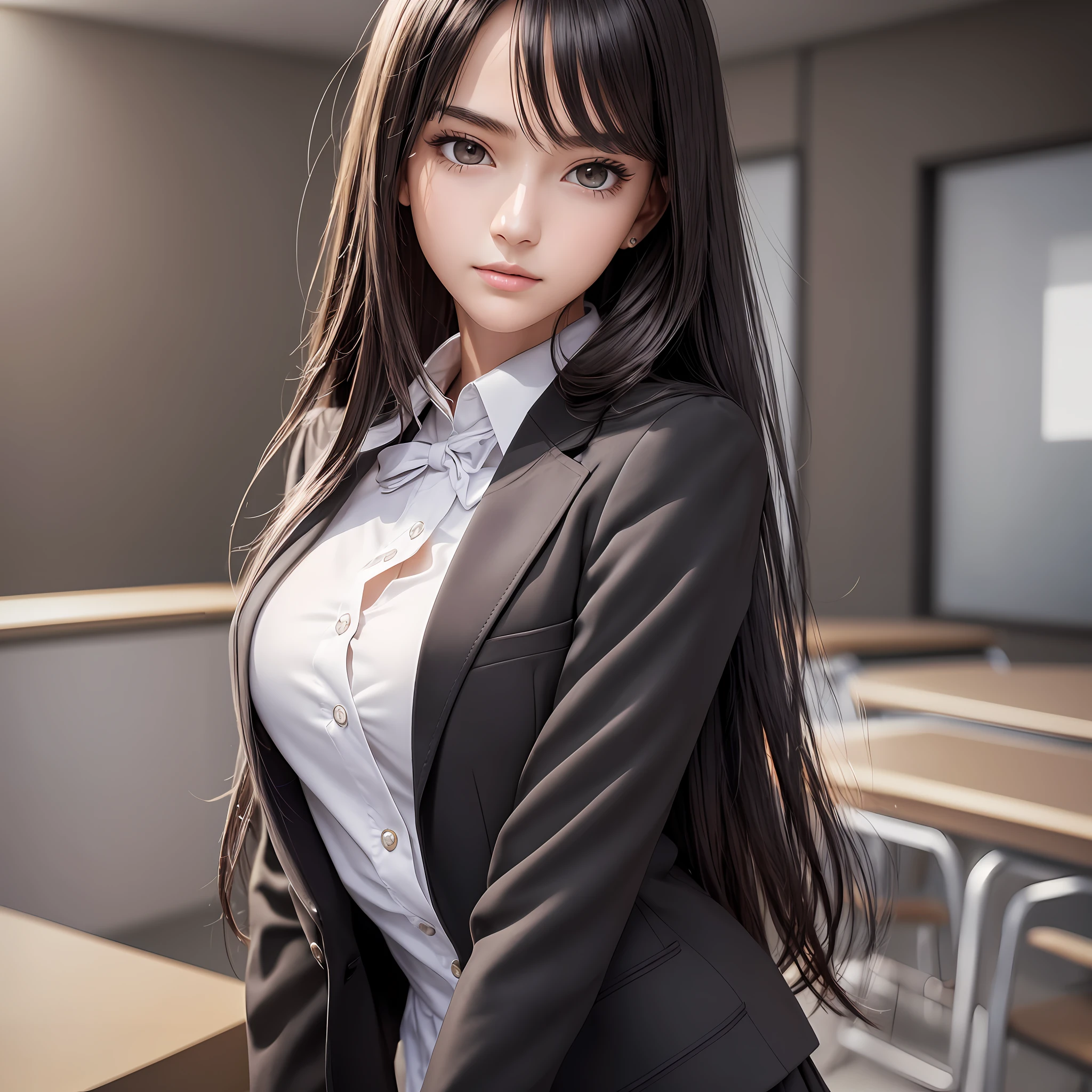 masterpiece, highest quality, ultra detailed, (realistic, photorealistic: 1.37), beautiful detailed 1 girl, overwhelming neat and clean girl, straight and long black hair, brown eyes, medium breasts, blazer school uniform, (shiny skin), (slender girl), (slim girl), hdr, super detailed, school classroom, cinematic, upper body, best light, best shadow, mysterious, perfect face, highly detailed, --auto --s2