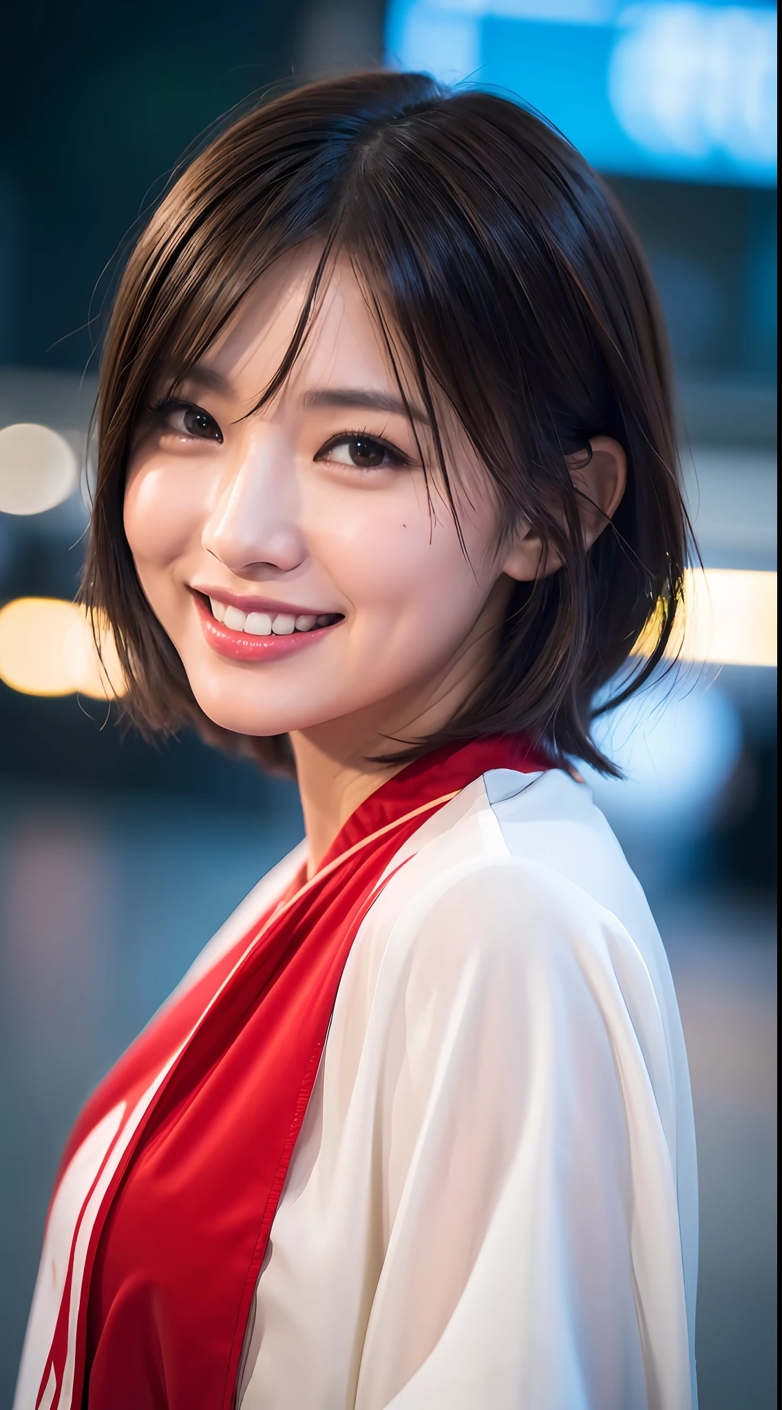(8k, RAW Photos, Best Quality, High Resolution: 1.1), (Ultra Realistic: 1.4), (Realistic, Photorealistic: 1.3), Soft Light, Big Girl, Realistic Face, Realistic Body, Realistic Skin, Absurdity, Masterpiece, (Cute: 1.8), Cuties, Solo, (Large: 1.2), Detailed Black Eyes, Innocent Eyes, Cheeks, (Blouse: 1.2), Cinema Light, Film Grain, (((Short Hair: 1.1)), Cherry Colored Lips, Close Up, Look Viewer, Upper Body, Open Lips, Upper Teeth, (Smiling Eyes: 0.6), (grinning: 1.2)), Depth of Field, Blurred Background, Eye Focus, Bokeh, Midnight, Shinjuku, Neon Sign, Cyberpunk, Rain, 85mm Lens, f/1.4, Professional Lighting, Young, Portrait, Photon mapping, radiosity, and physically based rendering