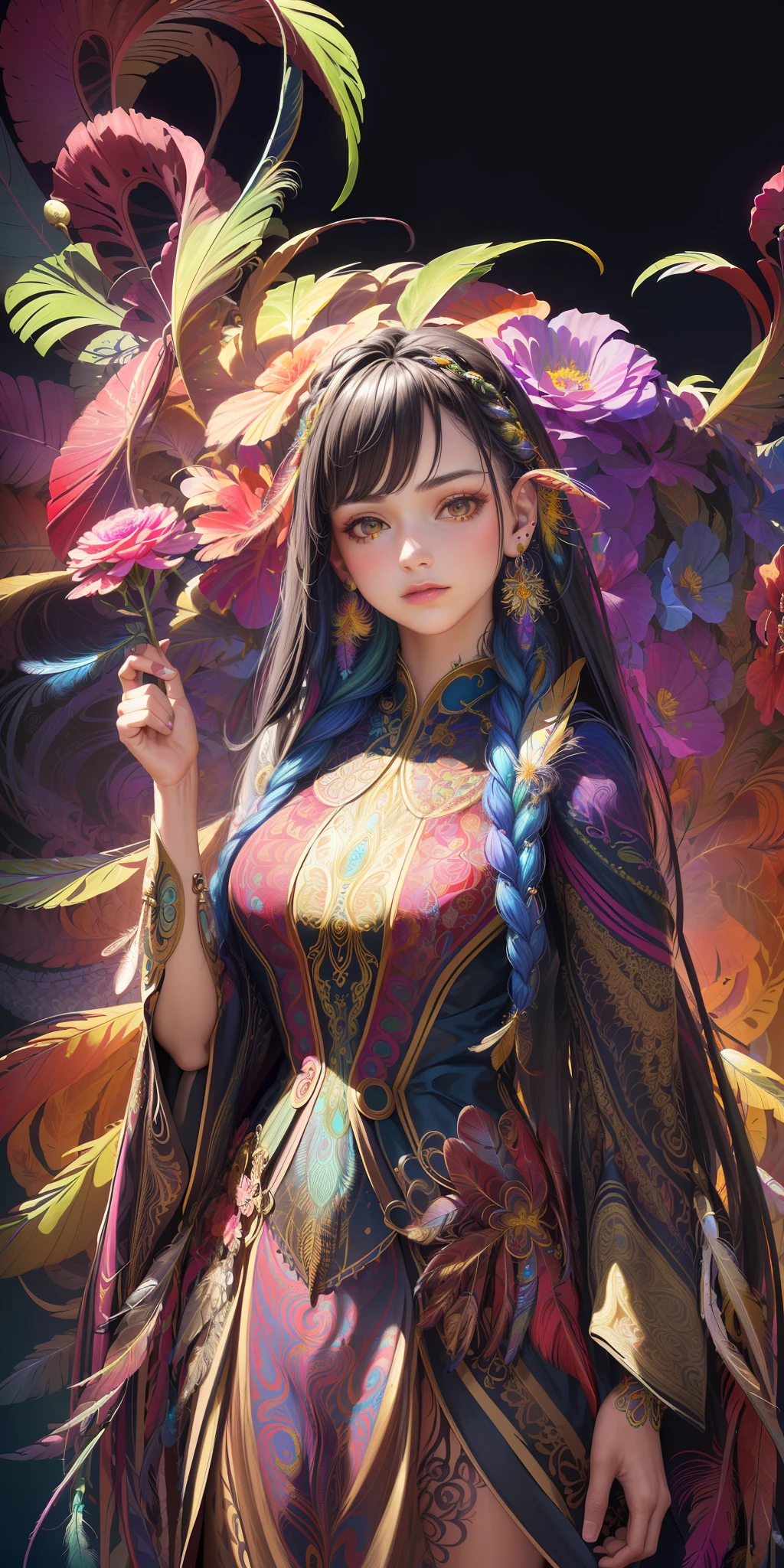 (masterpiece, top quality, best quality, official art, beautiful and aesthetic:1.2), (1girl, mature:1.3, aged up:1.3), long hair, braid sidelocks, extremely detailed,(fractal art:1.1),(colorful:1.4)(flowers:1.3),highest detailed,(zentangle:1.2), (dynamic pose), (abstract background:1.3), (shiny skin), (many colors:1.4),(earrings:1.4), (feathers:1.4), cowboy shot