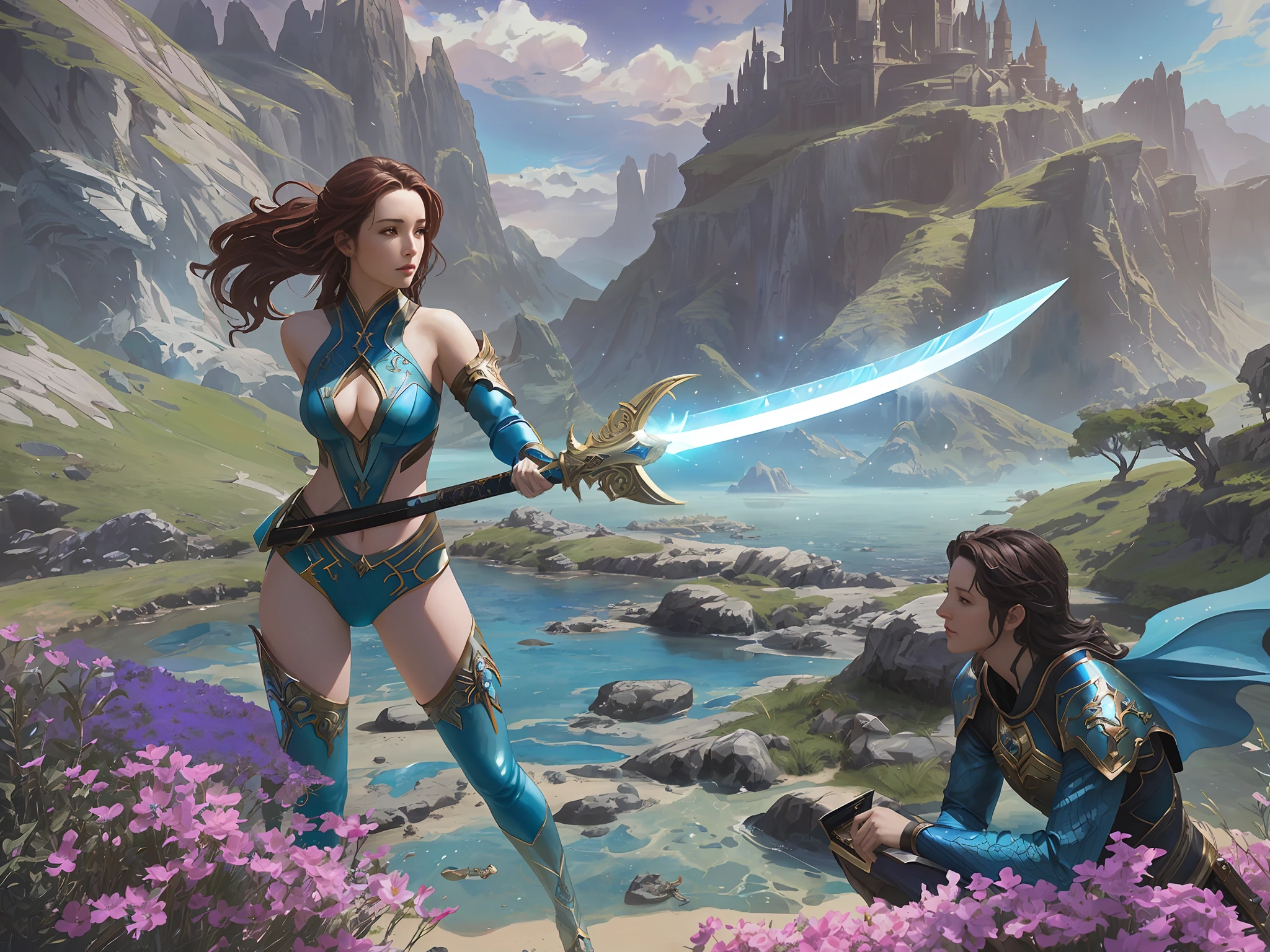 there is a man and a woman standing in the water with a sword fighting against each other, epic fantasy sci Fi opera, galaxy sci fi, there is a woman in a blue outfit standing in the water with a dragon, graphic artist magali villeneuve, key art, epic fantasy novel cover art, jessica rossier fantasy art, fantasy art behance, artgerm julie bell beeple, jessica rossier and brian froud, 4 k detail fantasy, 4k fantasy art