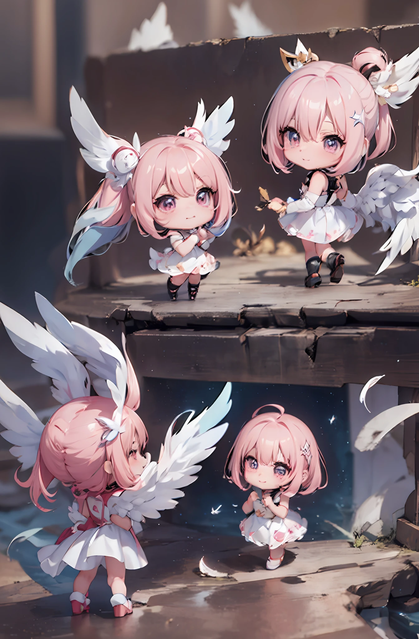 1 anime angel doll, (Chibi: 1.2), 8K high quality detail art, white feathers on the back, pink hair, gradient, twinkle, style as Nendoroid, stylized anime, anime style 4K, cute detailed digital art, Guweiz style artwork, 8K octar rendering photos, advanced digital chibi art, Cute 3d render, anime style, light, glow