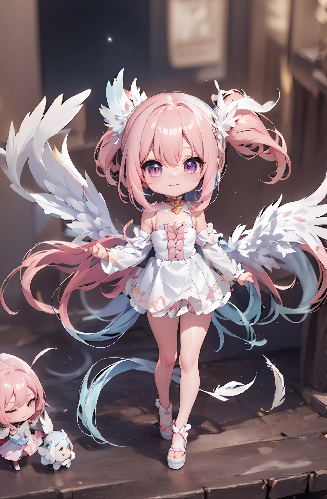 1 anime angel doll, (Chibi: 1.2), 8K high quality detail art, white feathers on the back, pink hair, gradient, twinkle, style as Nendoroid, stylized anime, anime style 4K, cute detailed digital art, Guweiz style artwork, 8K octar rendering photos, advanced digital chibi art, Cute 3d render, anime style, light, glow