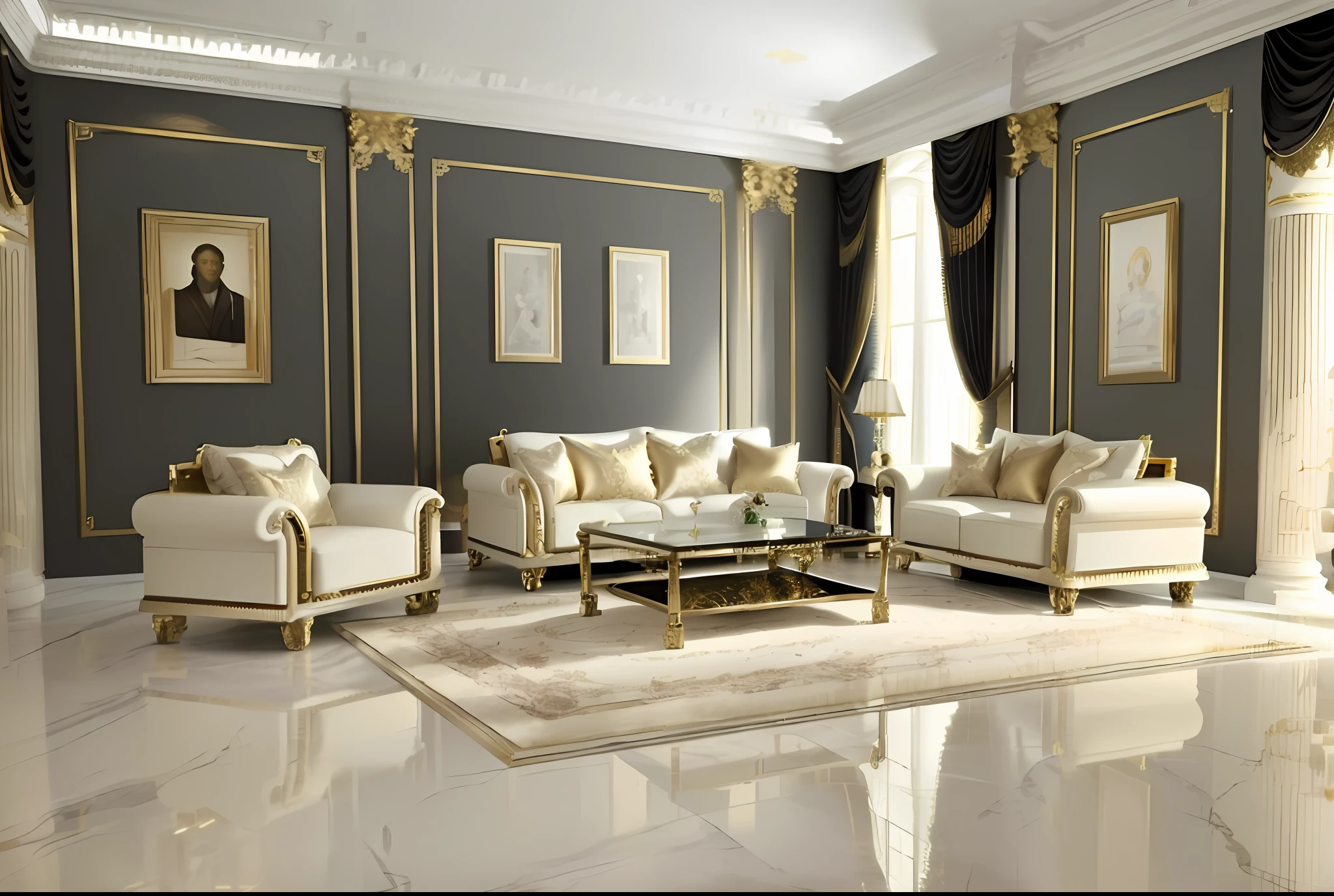 arafed living room with a marble floor and a large window, luxury furniture, elegant furniture, furniture and decor, elegant baroque, baroque marble and gold in space, elegant render, luxury hd render, ornate with gold trimmings, white and gold color scheme, elegant and refined, neo - classical style, white elegant baroque design, luxurious environment, classical style