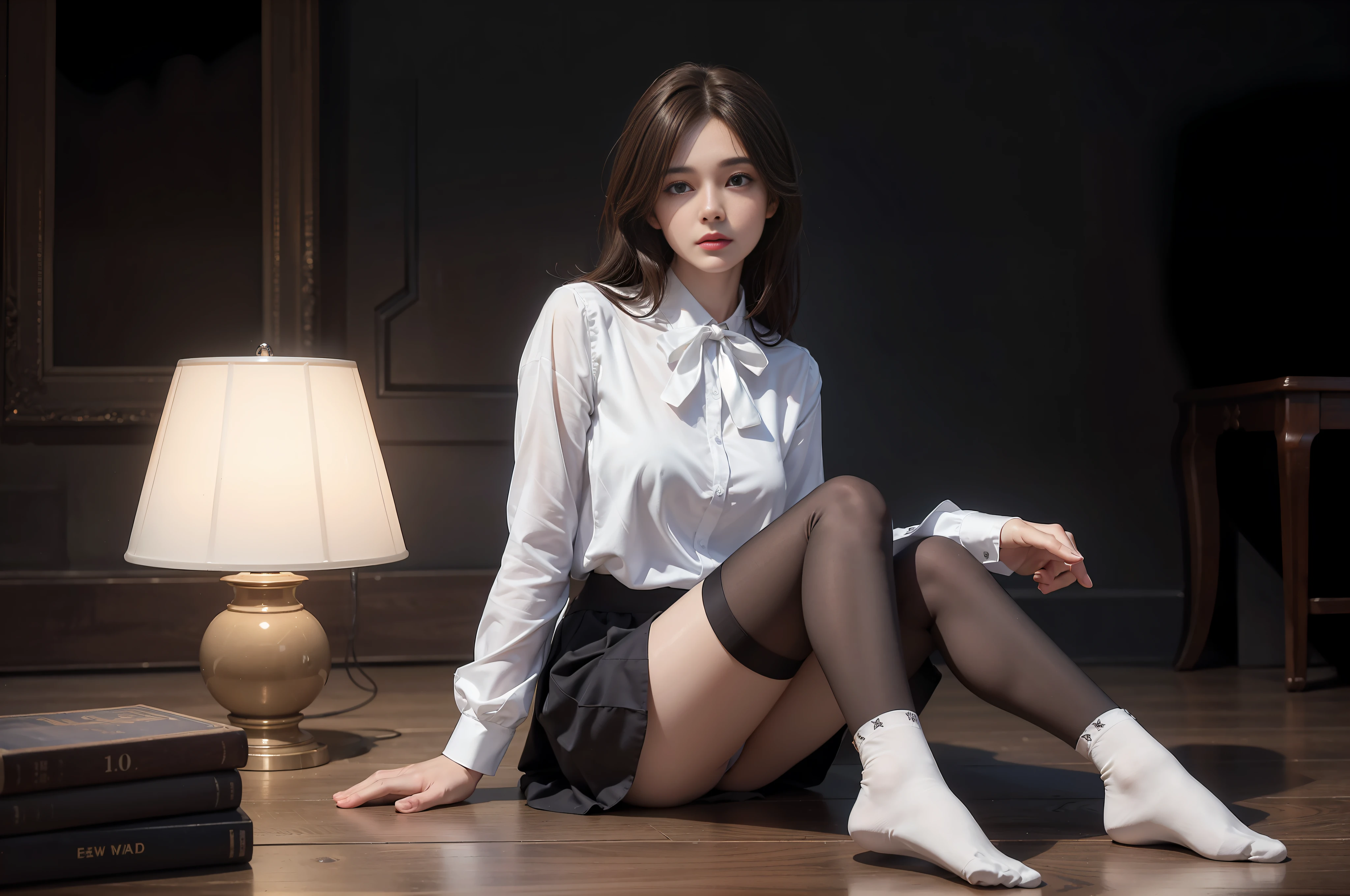 (Photoreal: 1.4), (Hyperrealistic: 1.4), (Realistic: 1.3), (Smooth Lighting: 1.05), (Improved Cinematic Lighting Quality: 0.9), 32K, 1 female, 24 year old business woman, looking at camera through buttocks with buttocks turned, realistic lighting, backlight, face lights, ray tracking, (bright lightA: 1.2), (Quality improvement: 1.4), (Quality improvement: 1.4), Fine detailed eyes, Detailed face, Fine quality eyes, Dark brown eyes, (Tired and sleepy and satisfied: 0.0), White blouse, dark blue skirt, dark brown hair, pure white silk socks, (shiny smooth fabric white silk socks: 1.5), dark brown hair