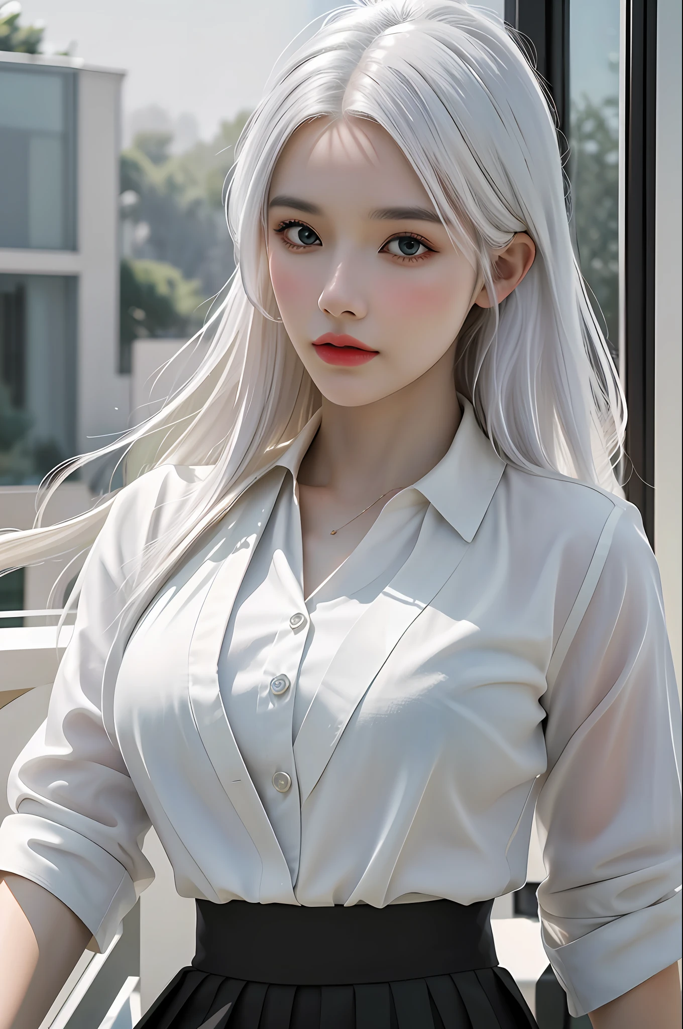 Top Quality, Masterpiece, 1 Girl, Beautiful Face, white hair, (Photorealistic Picture:1.3), Rim Lighting, (High Detail Skin:1.2), 8K UHD, DSLR, High Quality, High Resolution, 4K, 8K, Bokeh, Absurdity, Best Ratio Four Fingers and One Thumb, (Real:1.3), Black Formal Blazer, Middle Breast, Short Skirt,Office