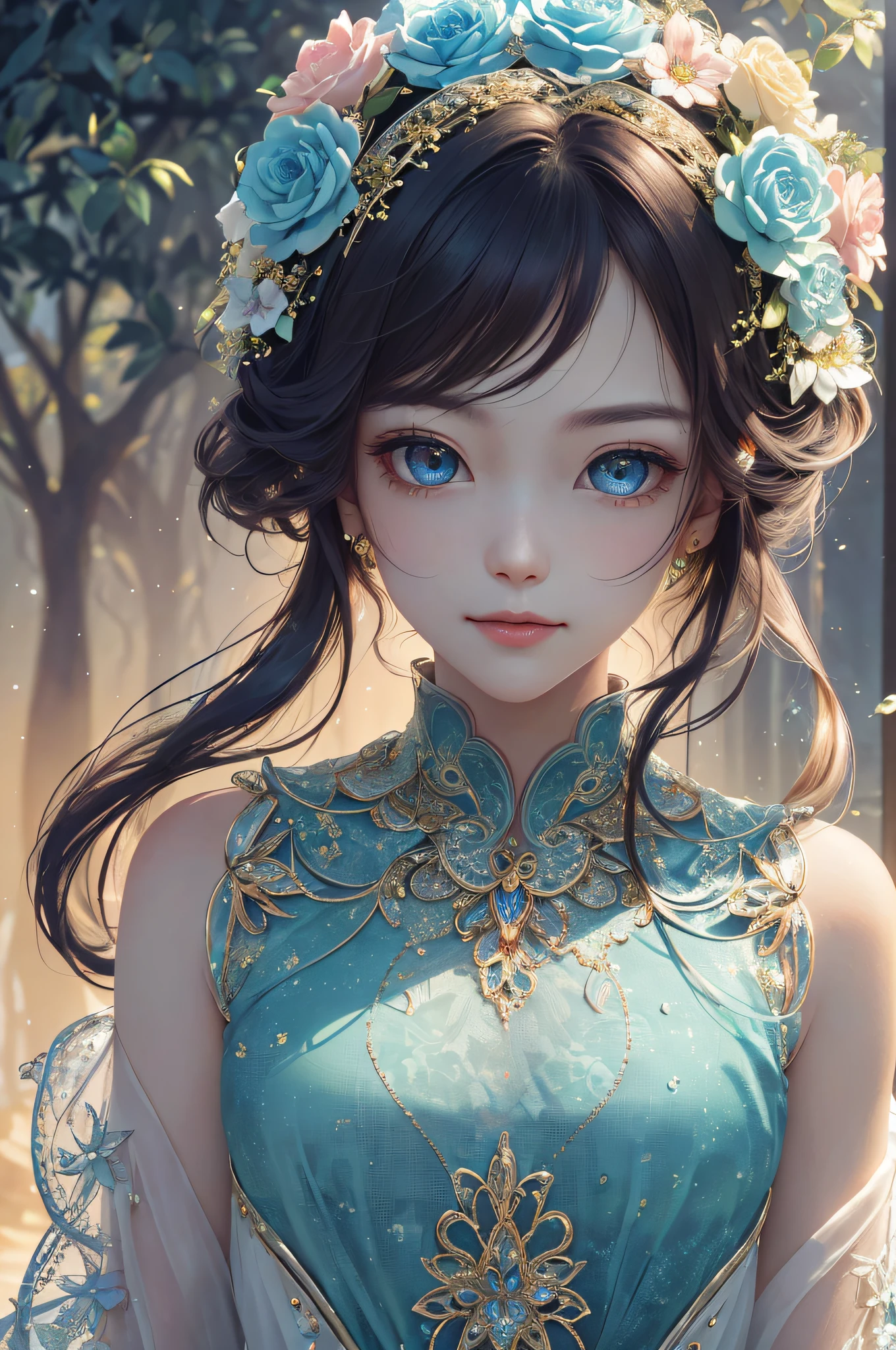(((masterpiece))), (((best quality))), ((ultra-detailed)), (hyperrealistic), (highly detailed CG illustration), ((an extremely delicate and beautiful)),cinematic light, Create a stunning anime artwork that is currently trending on ArtStation, showcasing exquisite beauty and captivating aesthetics. The art piece should be highly detailed, featuring a compelling character and a visually appealing environment. The character in the artwork is a graceful and enchanting figure, radiating an aura of elegance. Pay close attention to intricate facial features, such as mesmerizing eyes with vibrant colors and delicate shading. The character's clothing should be designed with elaborate patterns, flowing fabrics, and rich textures, reflecting a blend of fantasy and contemporary fashion. Place the character in a captivating environment that enhances the overall appeal of the artwork. It could be a breathtaking natural landscape, a bustling futuristic cityscape, or a mystical realm filled with magical elements. Incorporate vibrant colors, dynamic lighting, and detailed background elements to create a sense of depth and immersion. Consider the latest trends in anime art, such as incorporating unique lighting effects, exploring creative composition techniques, or experimenting with unconventional color palettes. Take inspiration from the top artists on ArtStation and their exceptional execution of various art styles and themes. Camera: Choose an angle that highlights the character's beauty and the immersive environment. Lighting: Utilize atmospheric lighting techniques to create depth and mood. Resolution: Aim for a high-resolution artwork to showcase intricate details and clarity. Art Inspirations: Seek inspiration from the trending artists on ArtStation, exploring different styles, genres, and themes.