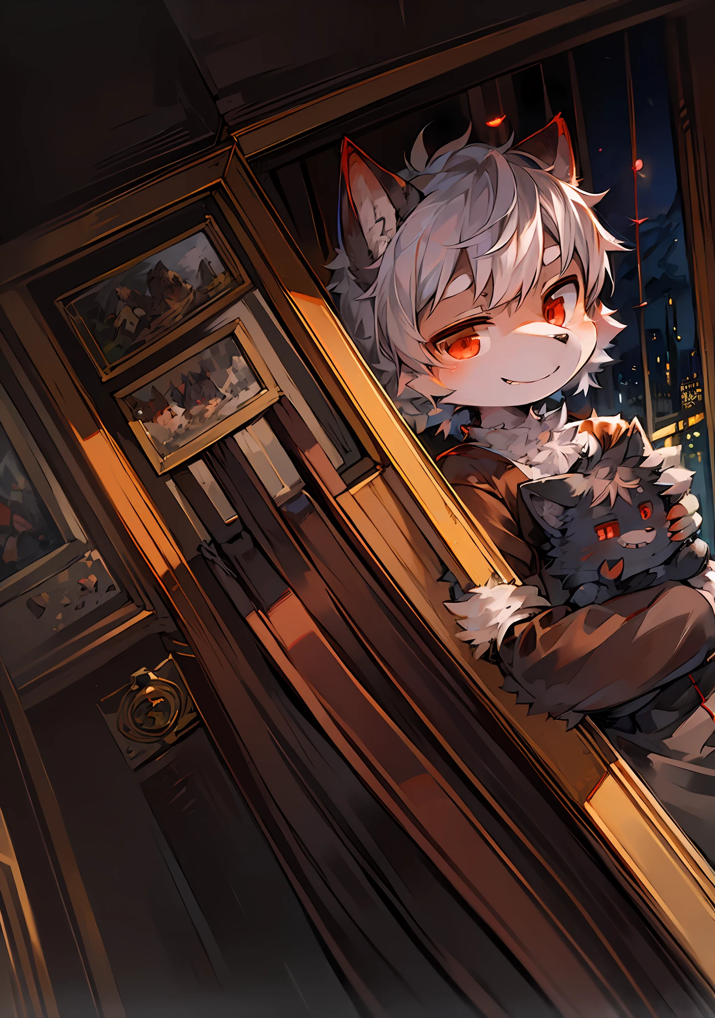 (Dark Environment: 0.8), Masterpiece, High Quality, Abstract Res, Digital Painting\(artwork\), by Dagasi, Yupa, Kiyosan, (Anthro, Fluffy Fur, Character Focus: 1.1), Anthro Male Cat, Short Hair, Portrait , bright eyes, panorama, character focus. (Detailed background: 0.7), solo, furry, furry male, male focus, anthr, (full body fur, fluffy tail, white fur, red eyes, gray hair: 1.2), race wolf, holding bear doll, smiling