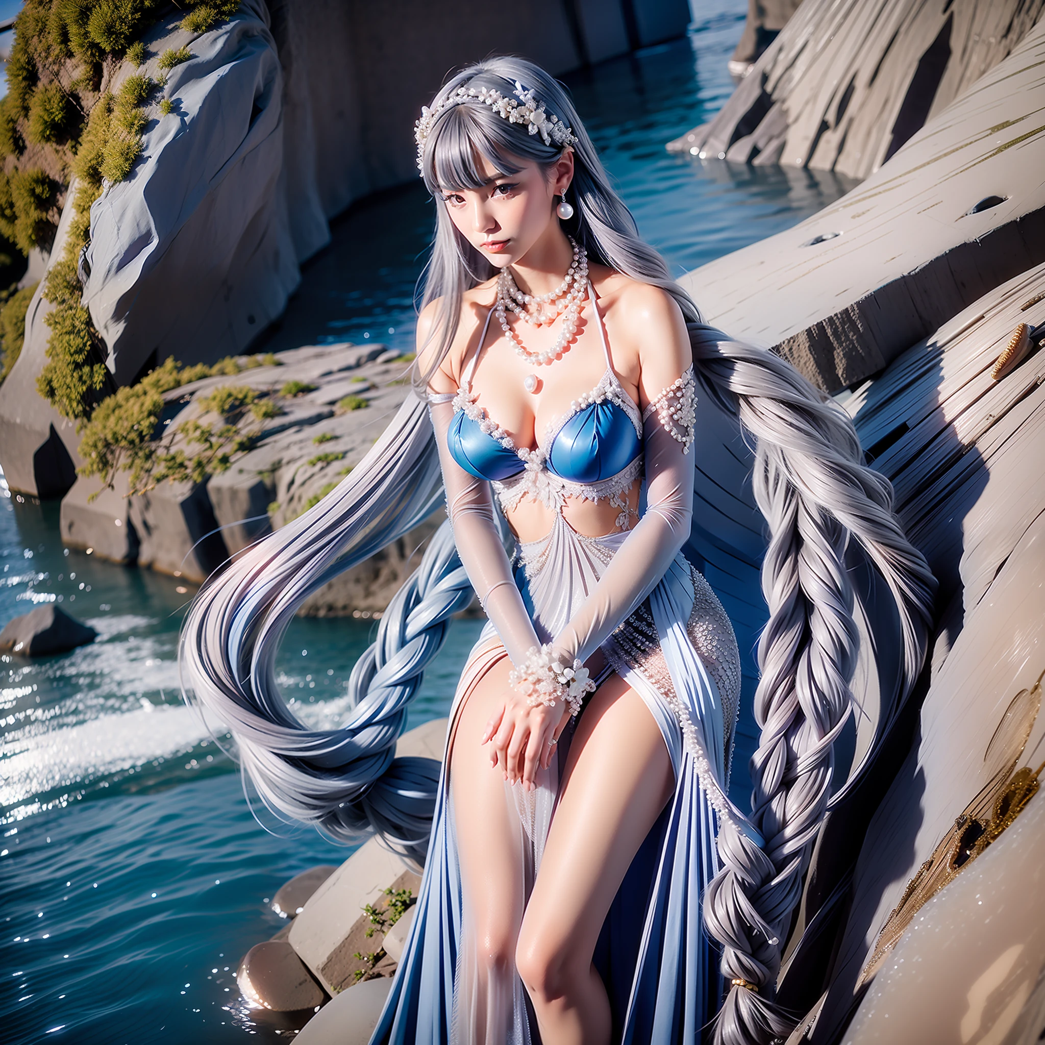 Japanese Woman, wearing an long elegant blue dress, silver long hair, Standing on a cliff, Smile, beauty, pearl necklace, wearing a mermaid headband, high heels, blue nail polish, Slanted blue eyes with a piercing gaze