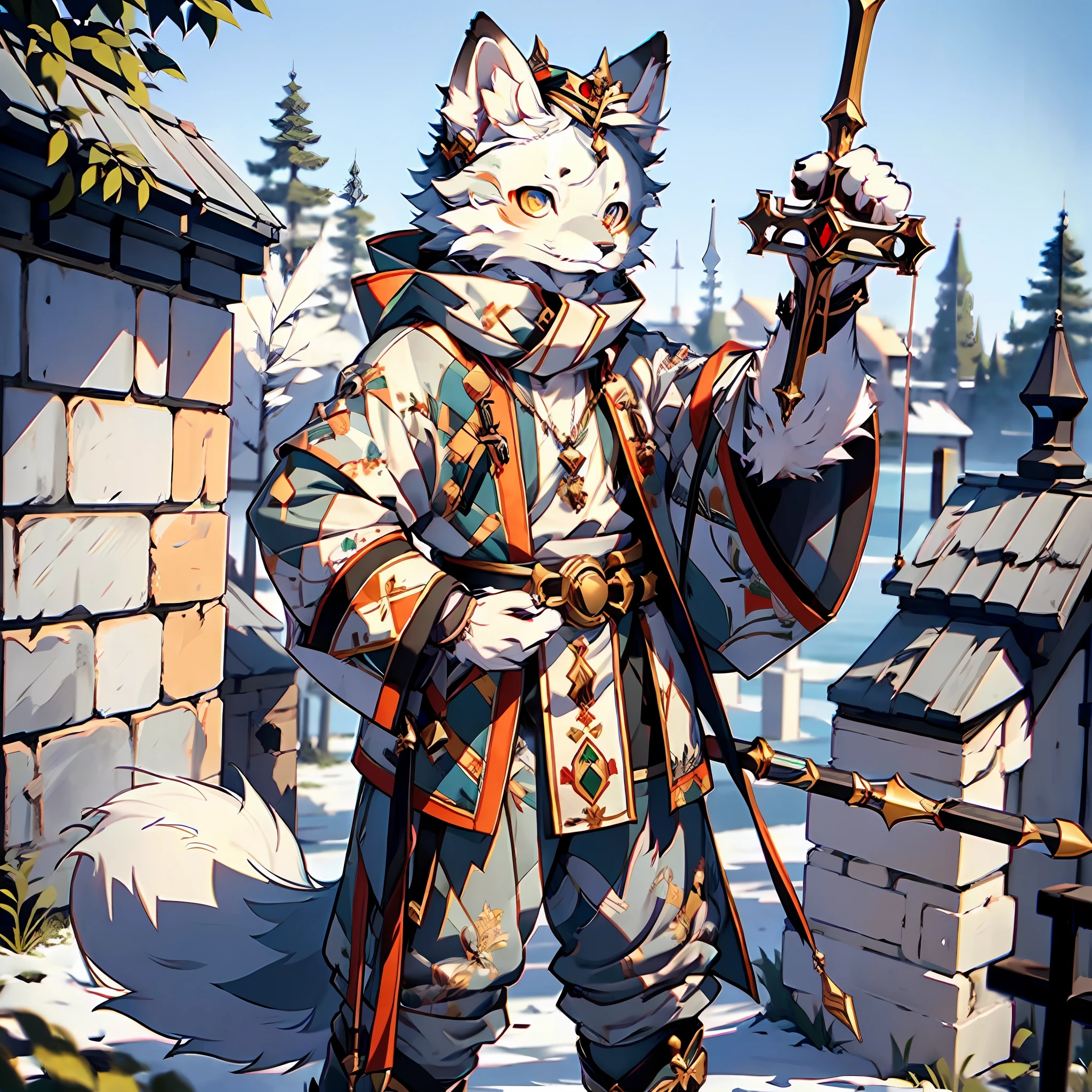 (Best Quality), (Masterpiece), ((Single 1.5)), (Ultra Detailed), (Furry), Full Body Furry, Furry, (Male Arctic Fox: 1.5), (Grey Skin: 1.3), (Fluffy Tail: 1.2), Character Focus, (Golden Eyes), (Canine Paws), (Grey Ears), Sharp Focus, (Furry Feeling of Animal Ears), Standing on the Wall of a Medieval Castle, Holding a Bow, Archer Style, Medieval Style, Bow and Arrow, ((Serious Expression)) ,((cold))